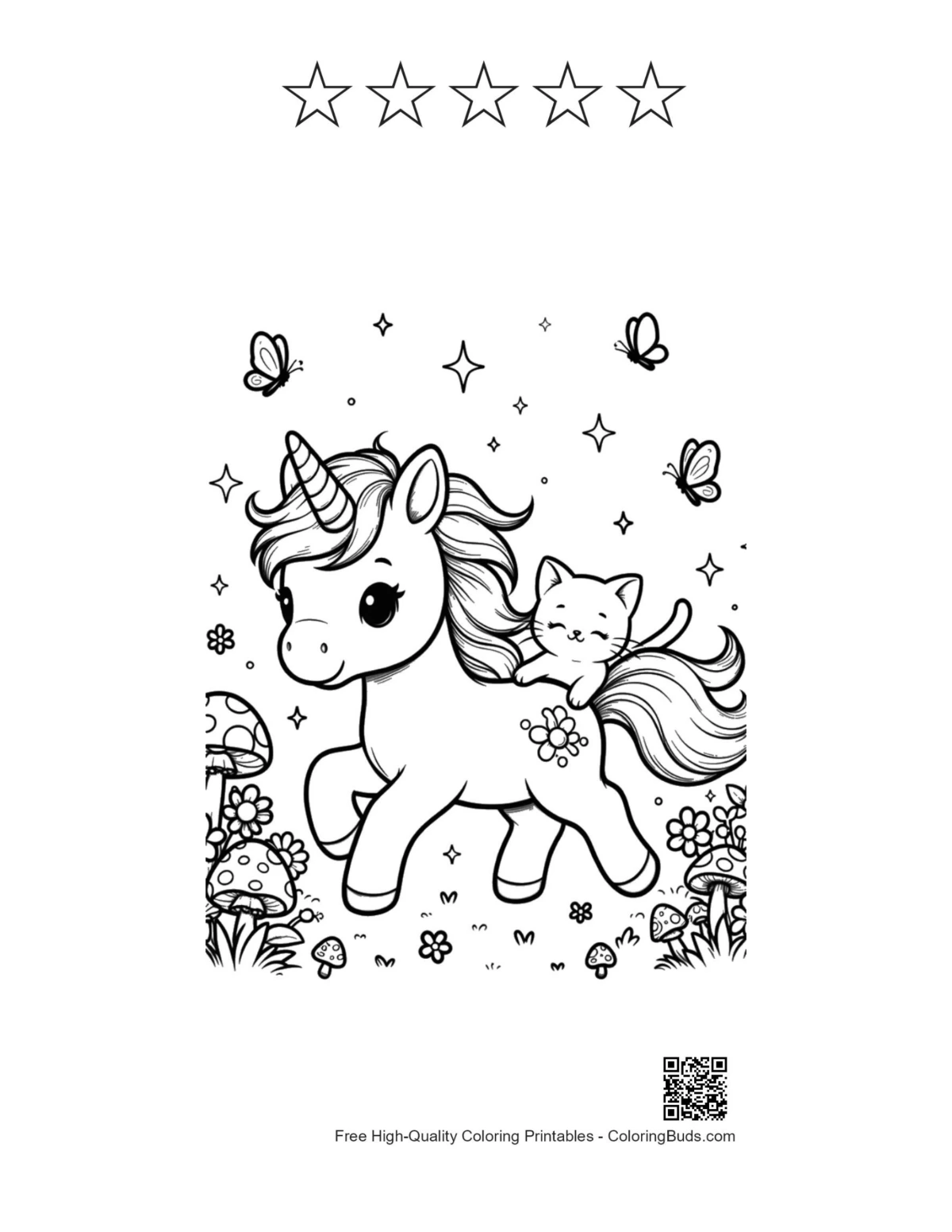 Kawaii unicorn coloring page with 5 star outlines