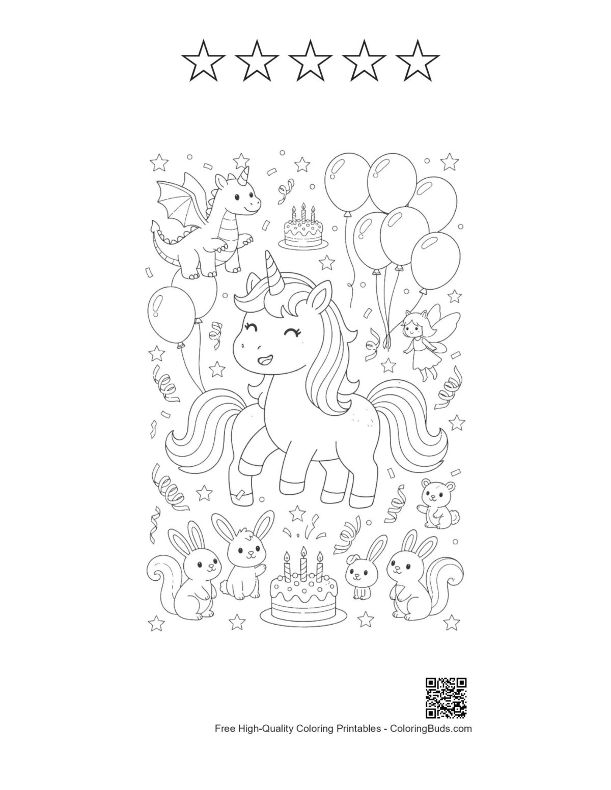 Rainbow unicorn coloring with 5 star outlines