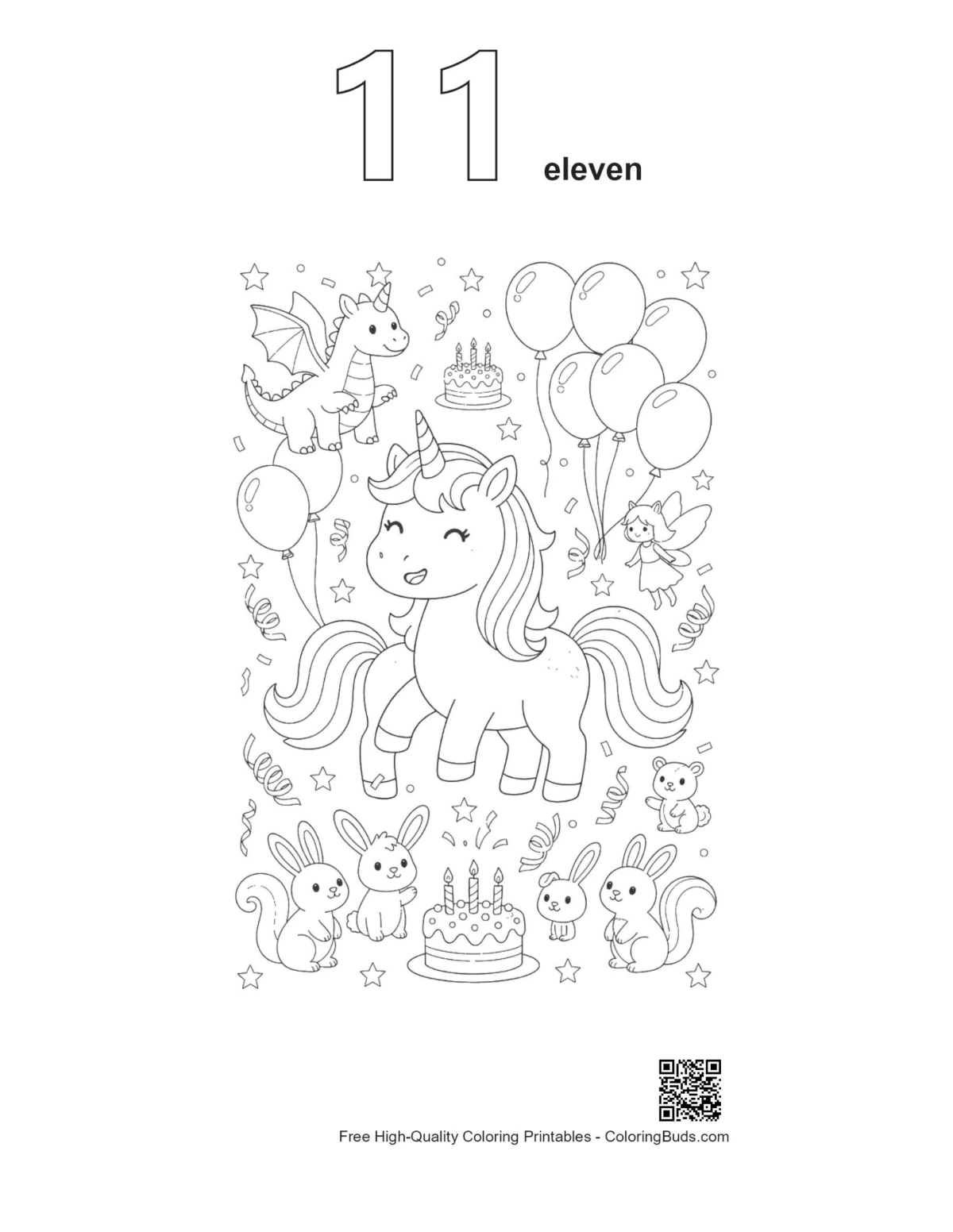 Unicorn birthday coloring page outline number 11
