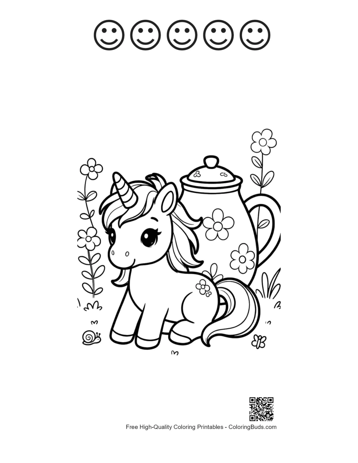 Kawaii unicorn page with 5 happy faces outlines
