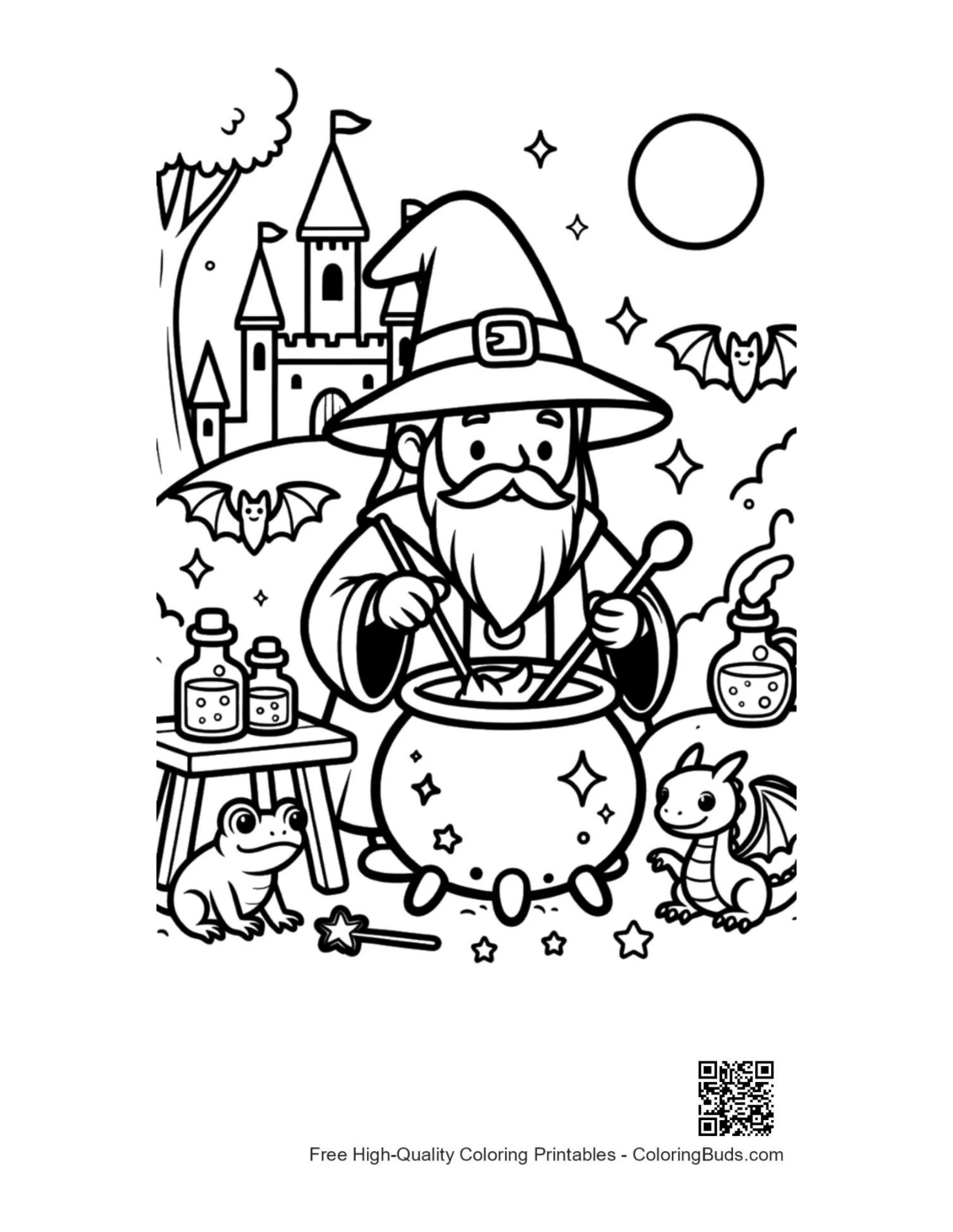 Ancient wizard brewing potion in castle garden printable