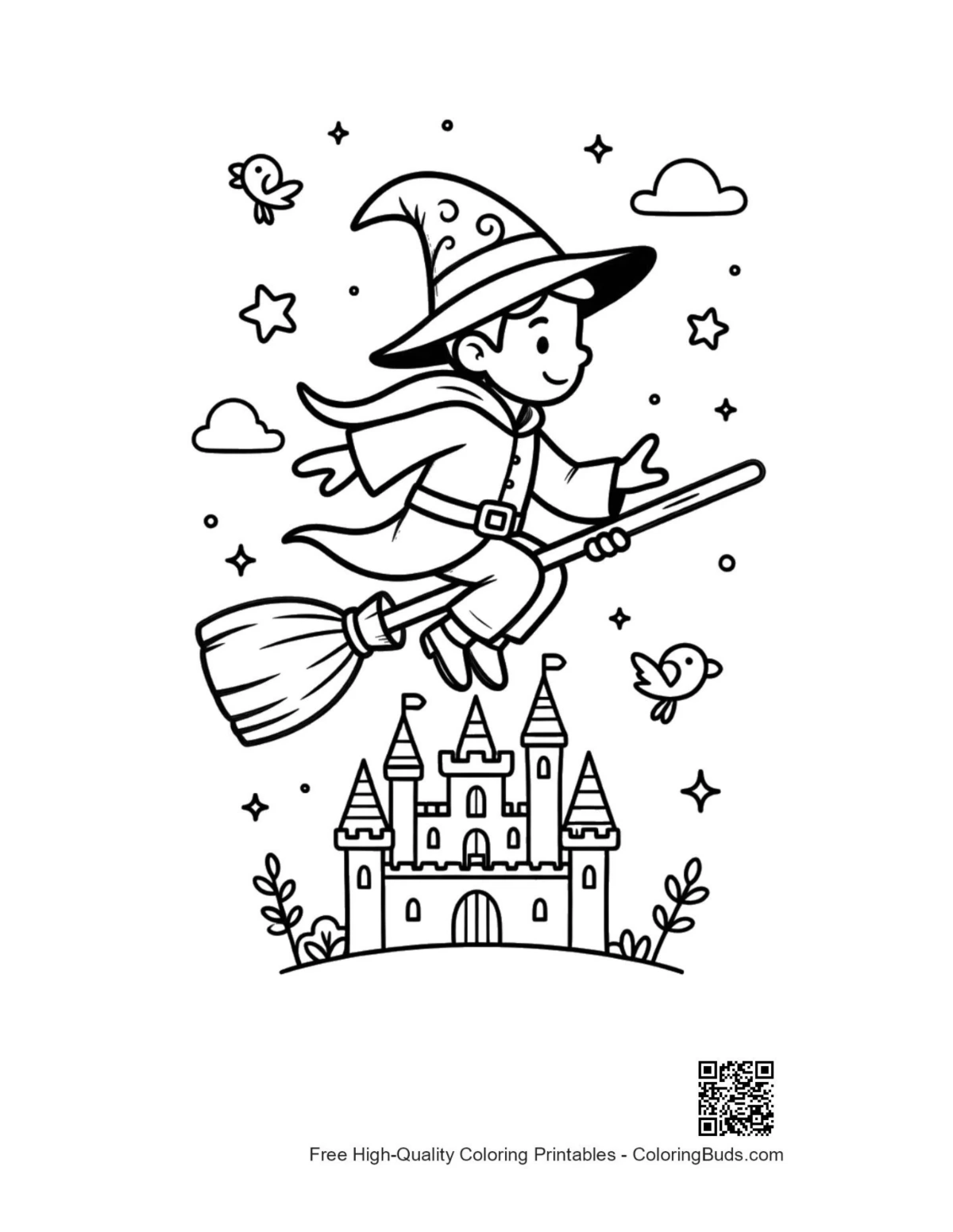 Boy wizard broom flight past fairytale palace printable