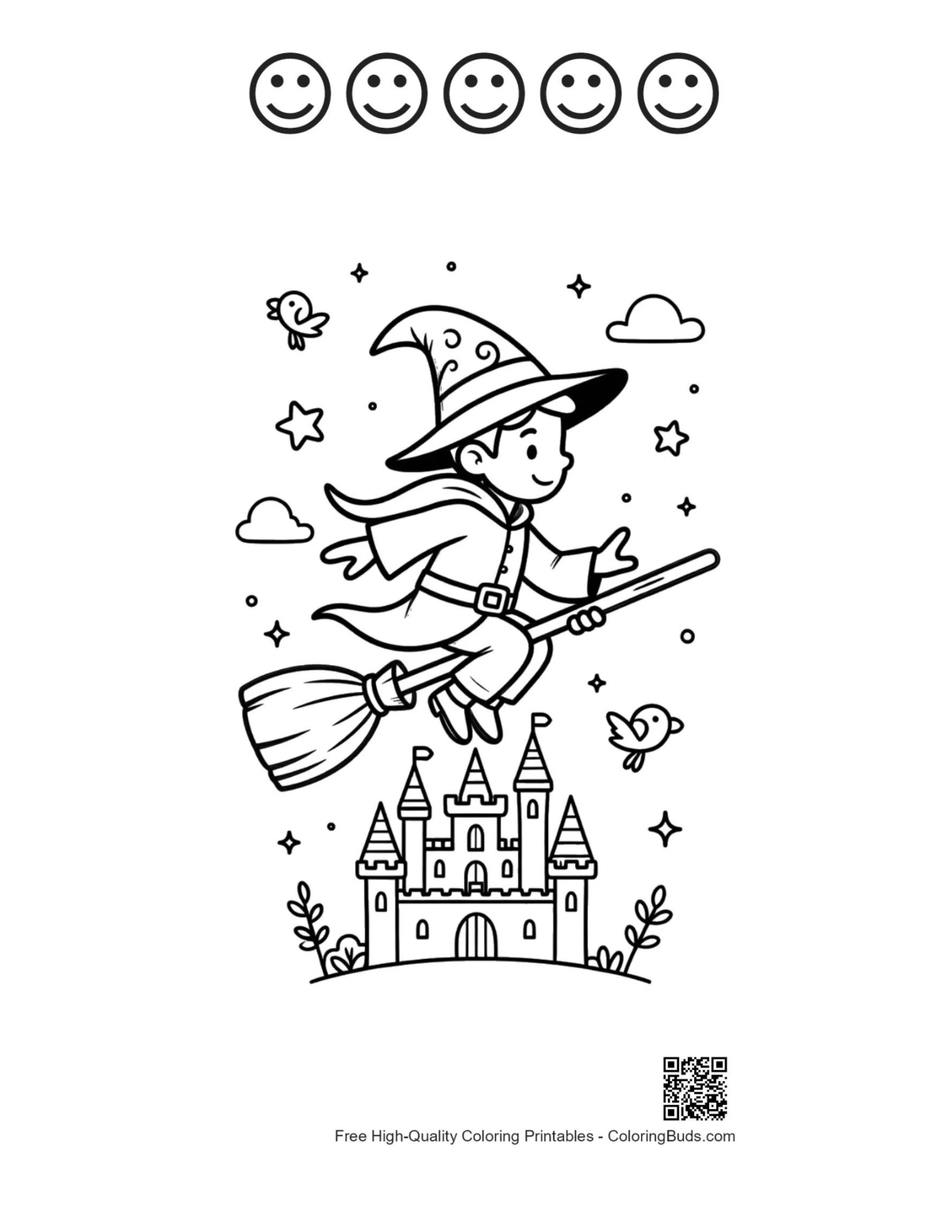 Boy wizard broom palace with 5 happy faces outline