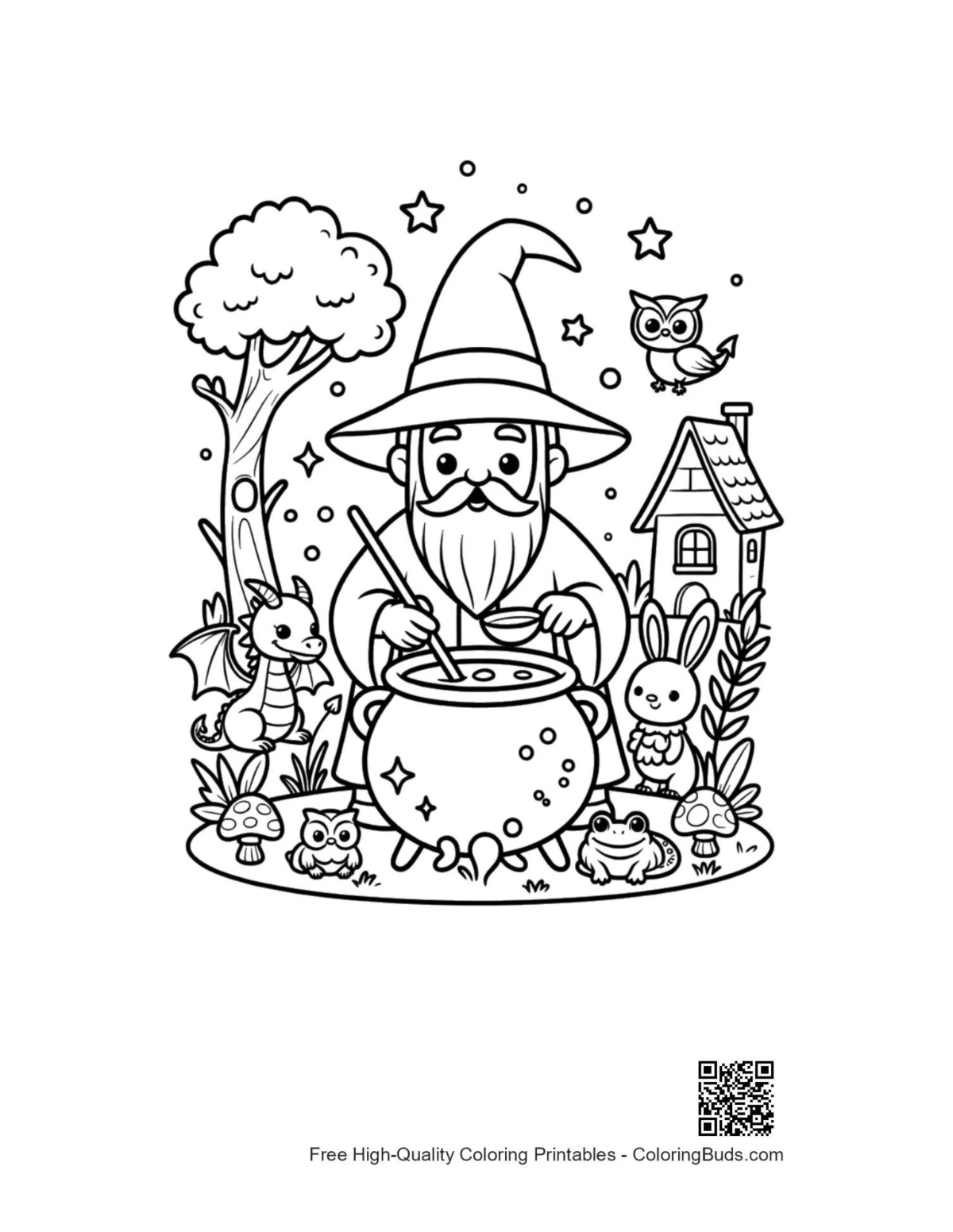 Cheerful magic wizard potion coloring printable