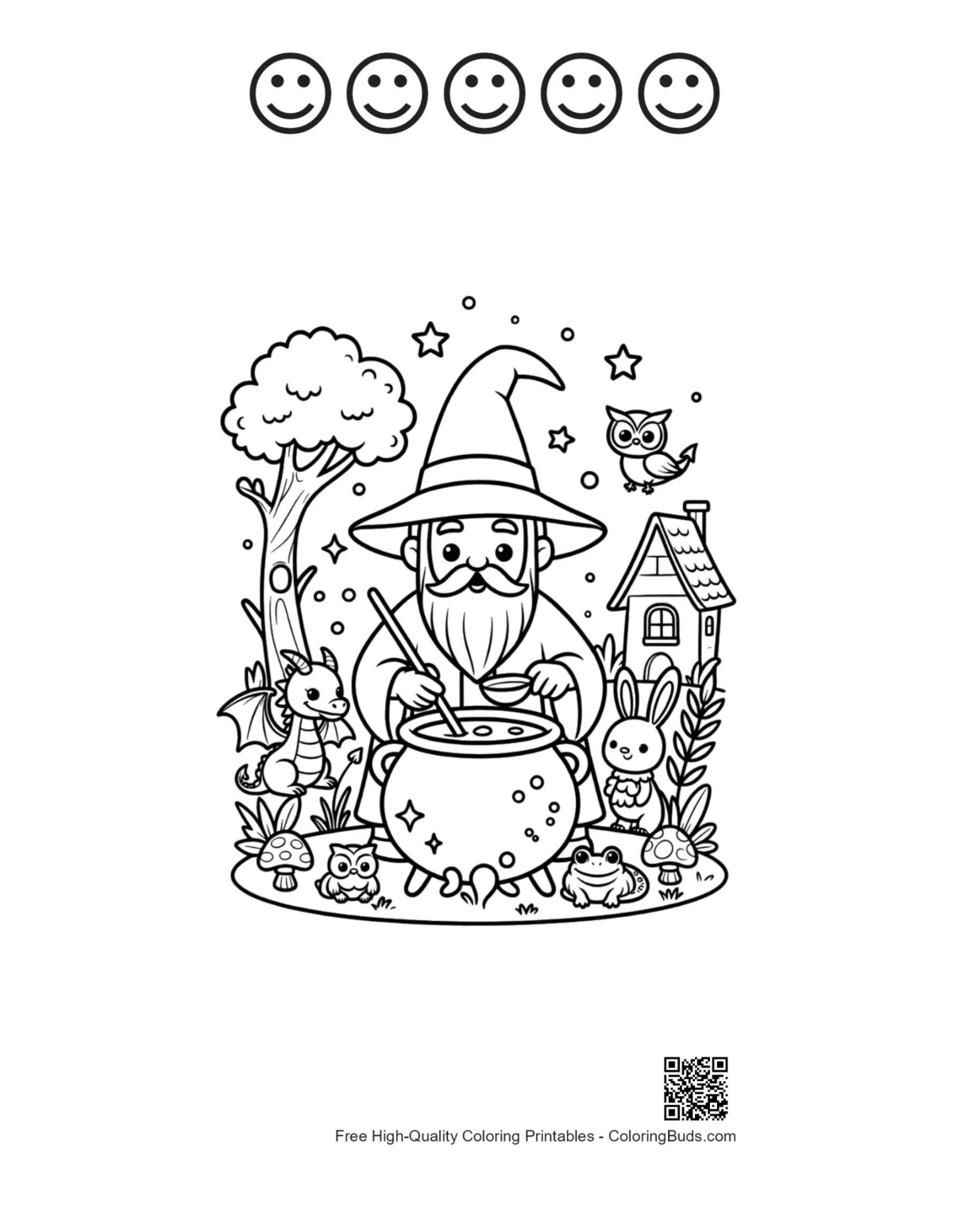 Wizard coloring with 5 happy faces