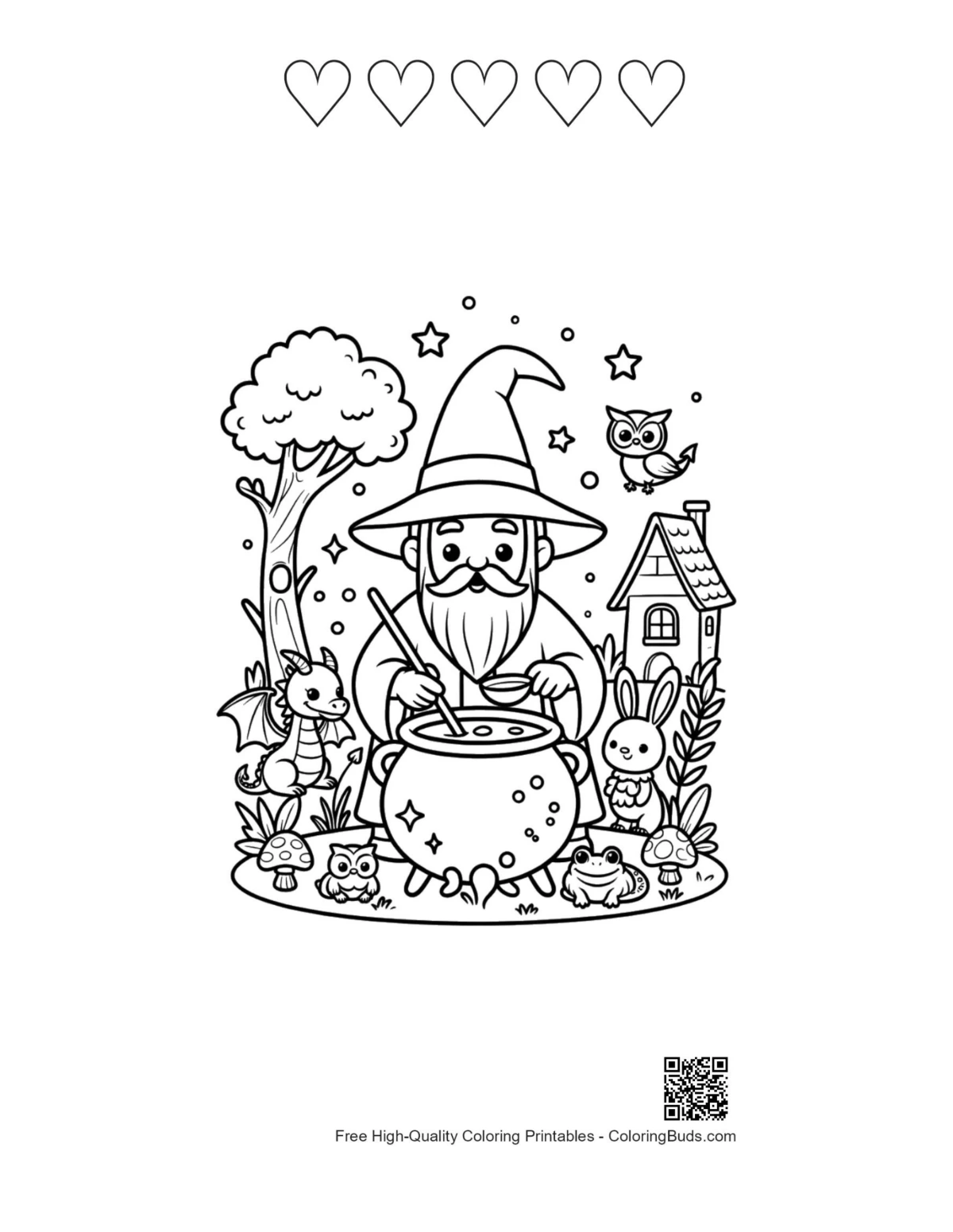 Potion wizard with 5 heart outlines