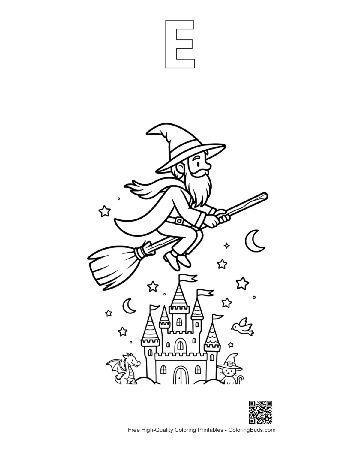 Cute wizard coloring page with alphabet E