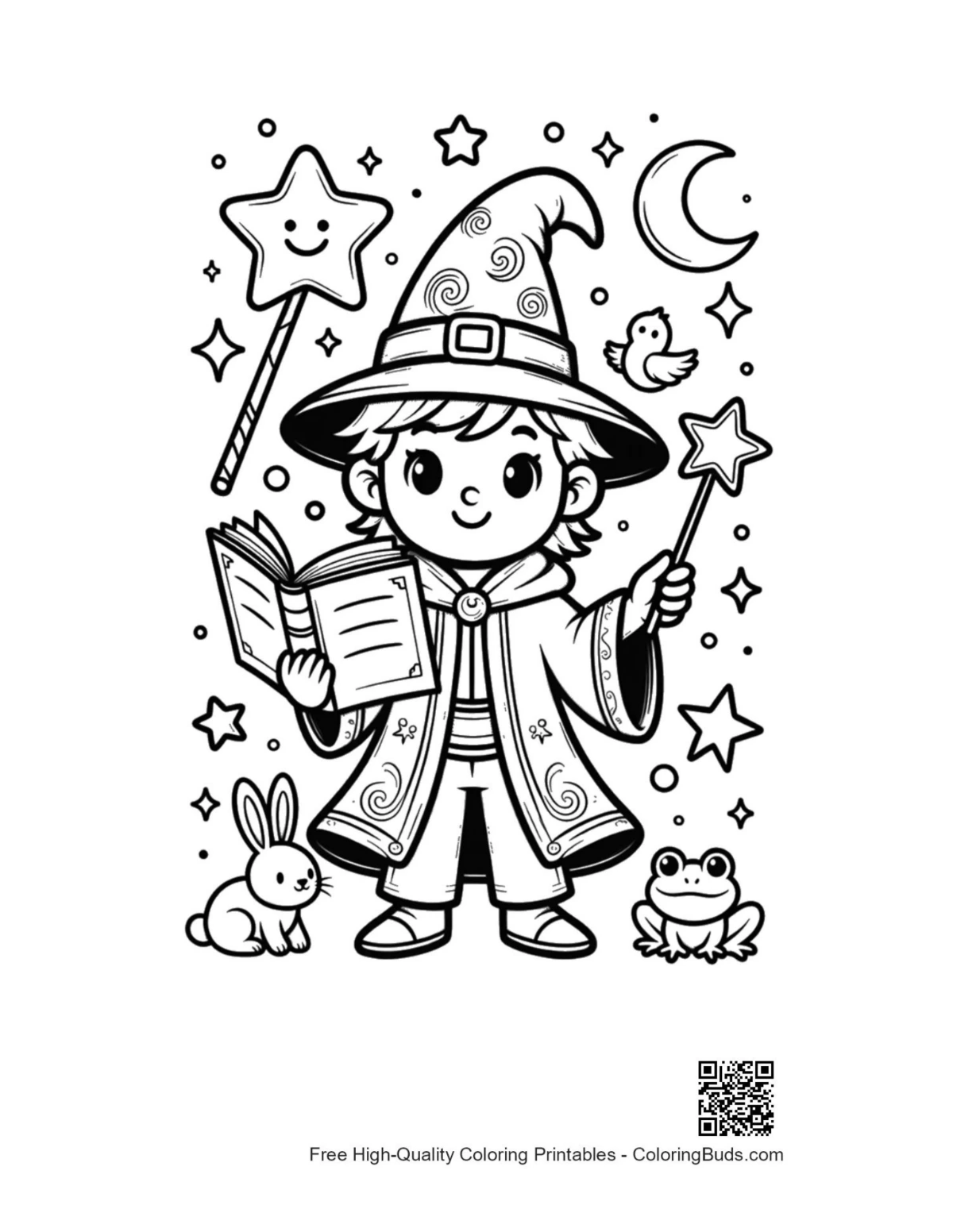Cute magic wizard printable coloring page for kids