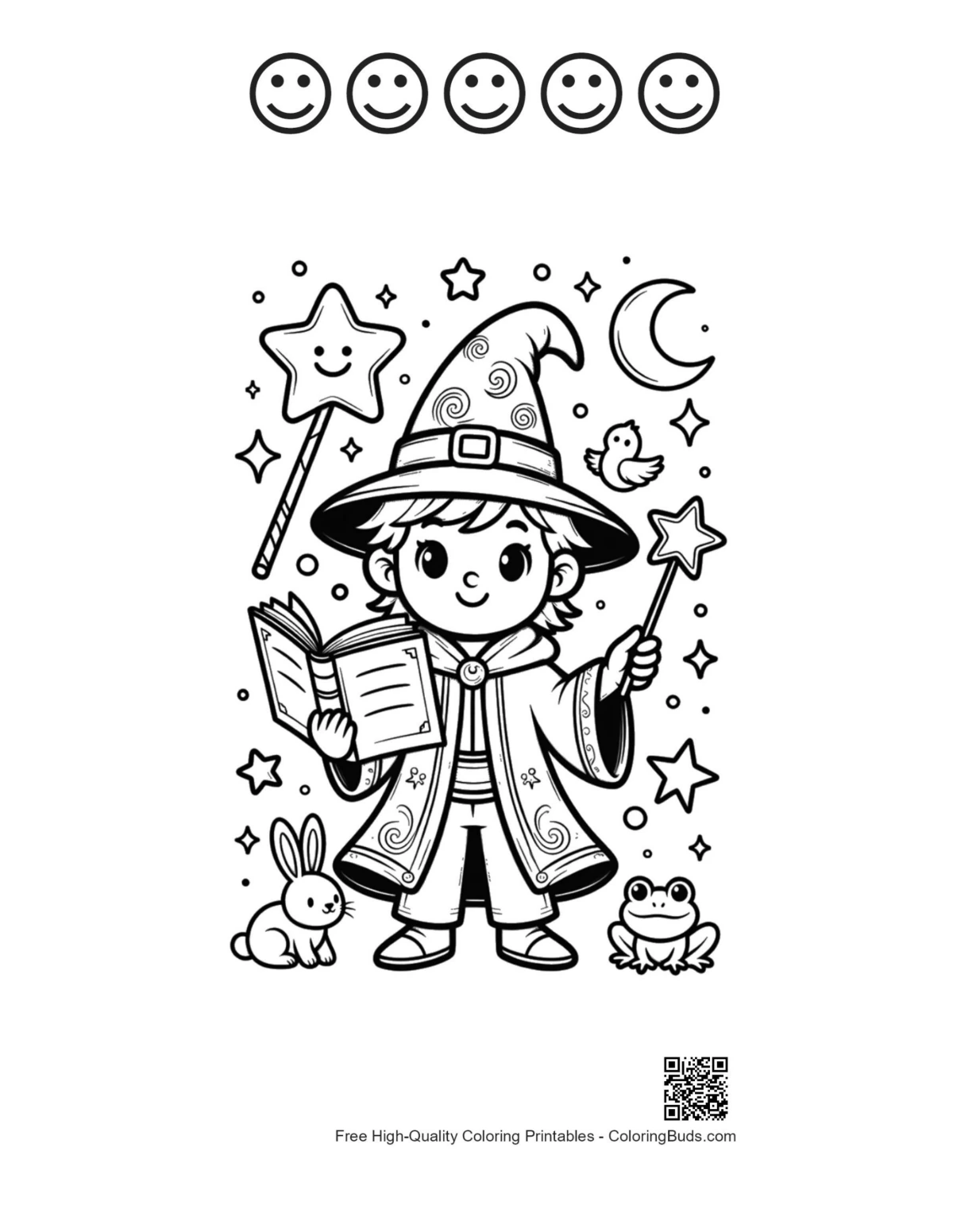 Cute magic wizard with 5 happy faces printable sheet