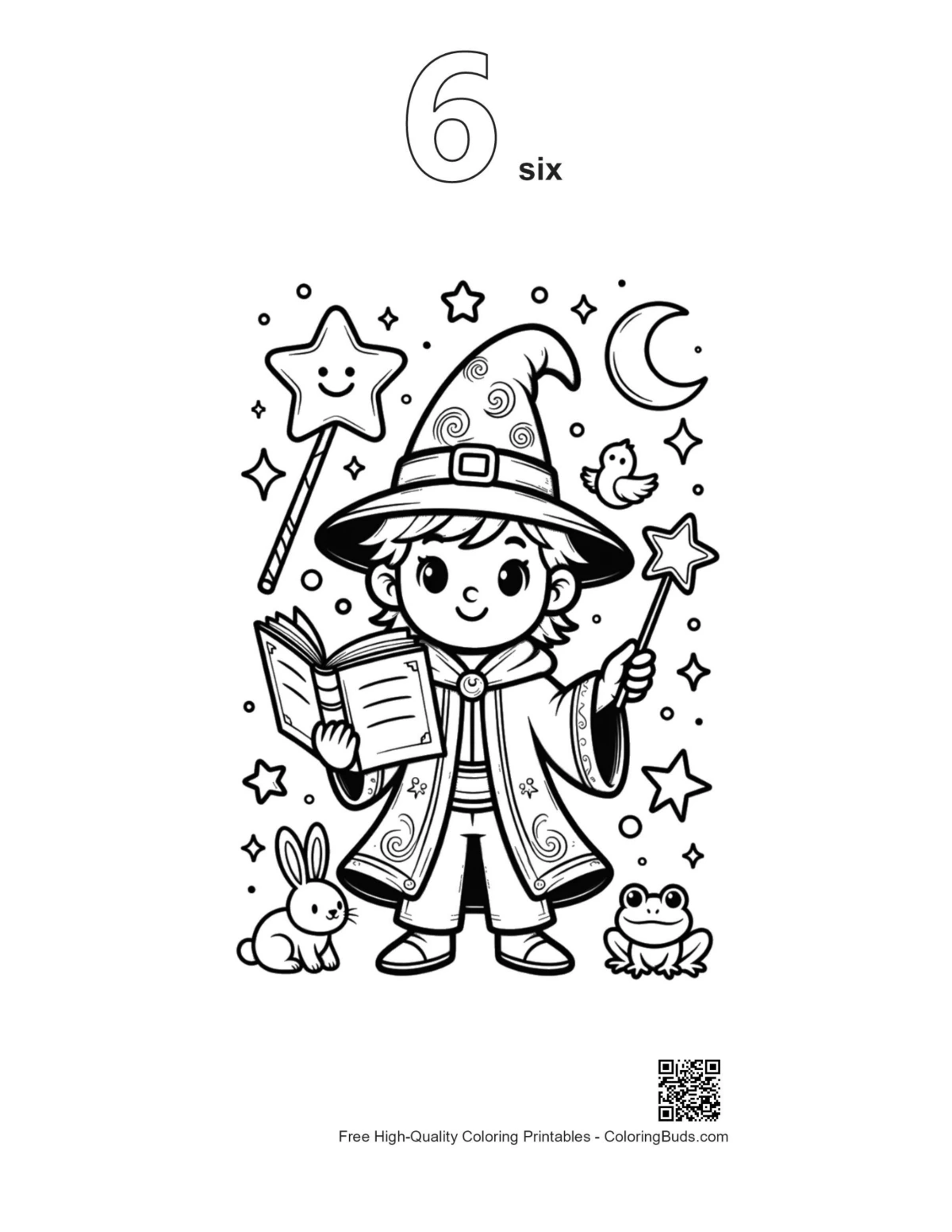 Cute magic wizard outline number 6 printable for kids