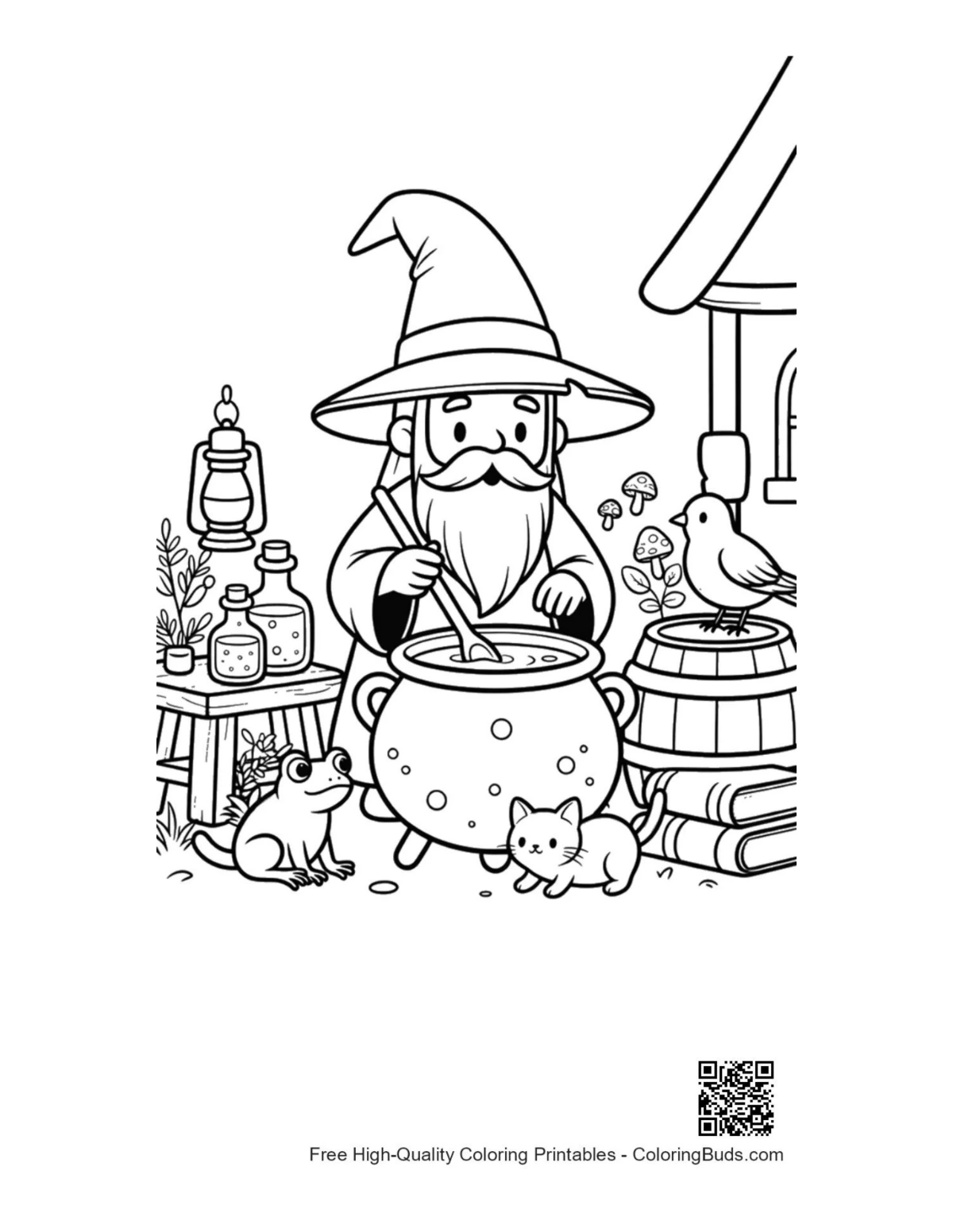 Cute old wizard stirring potion coloring page