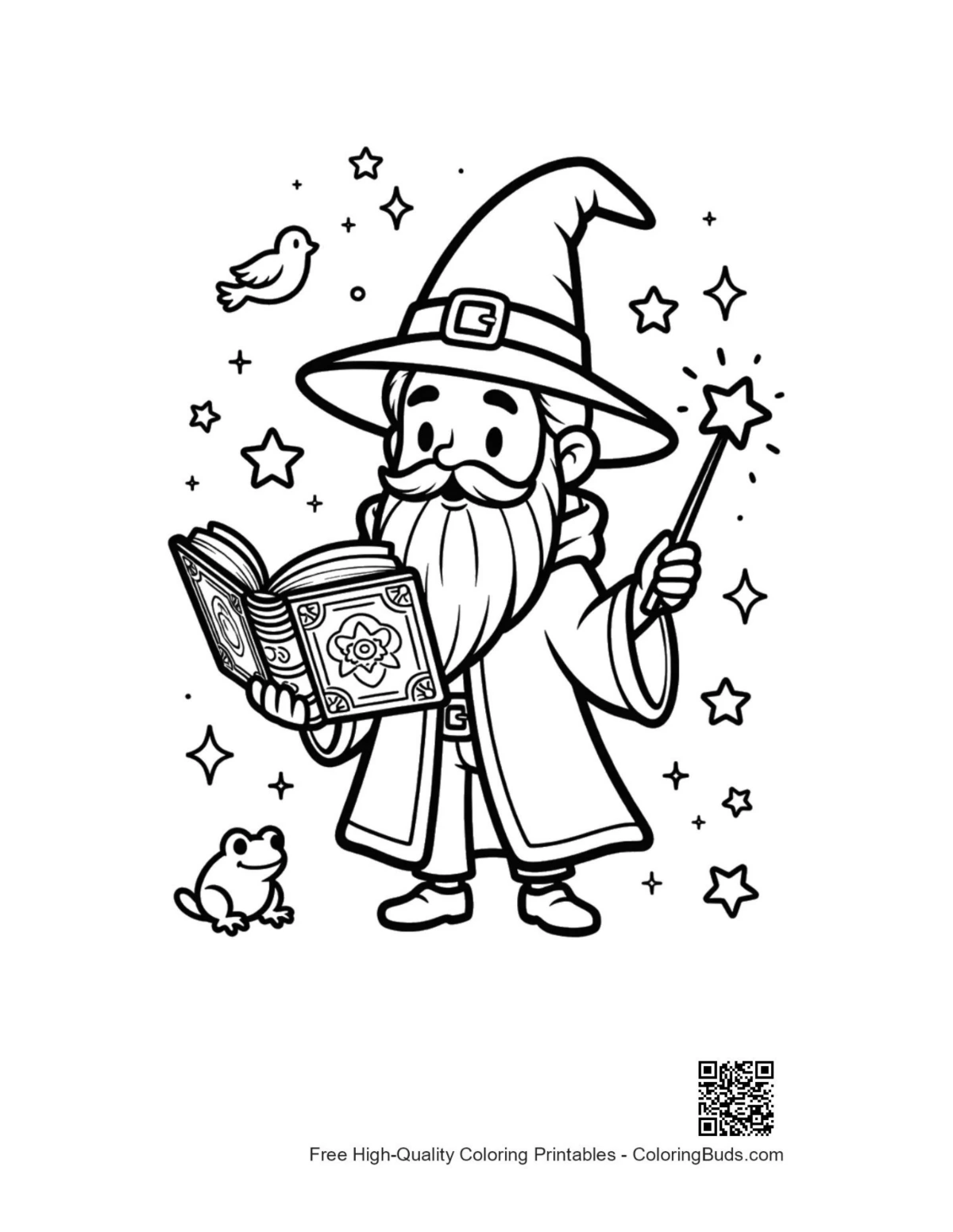 Cute wizard boy reading giant magic spells book printable
