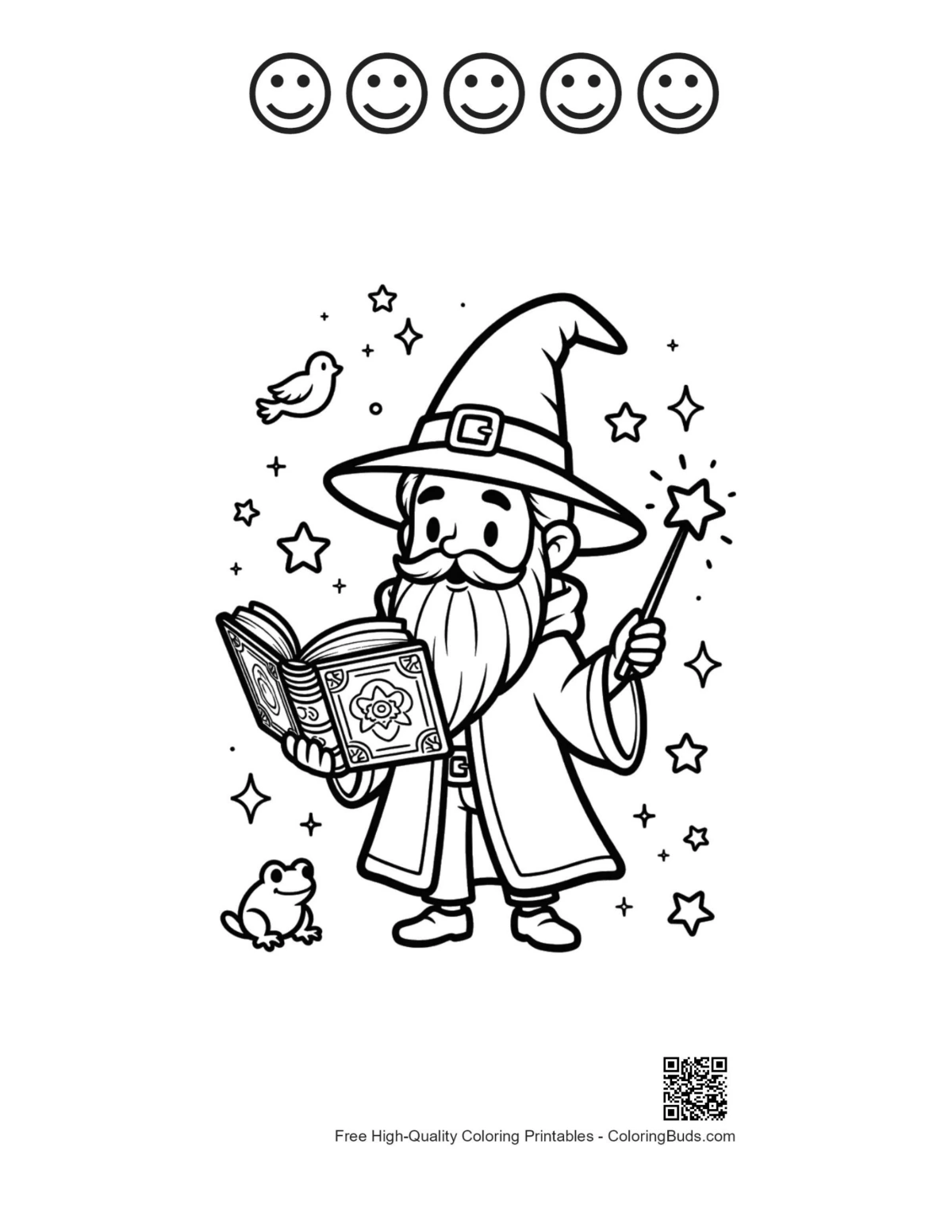 Cute wizard boy spells book 5 happy faces outline