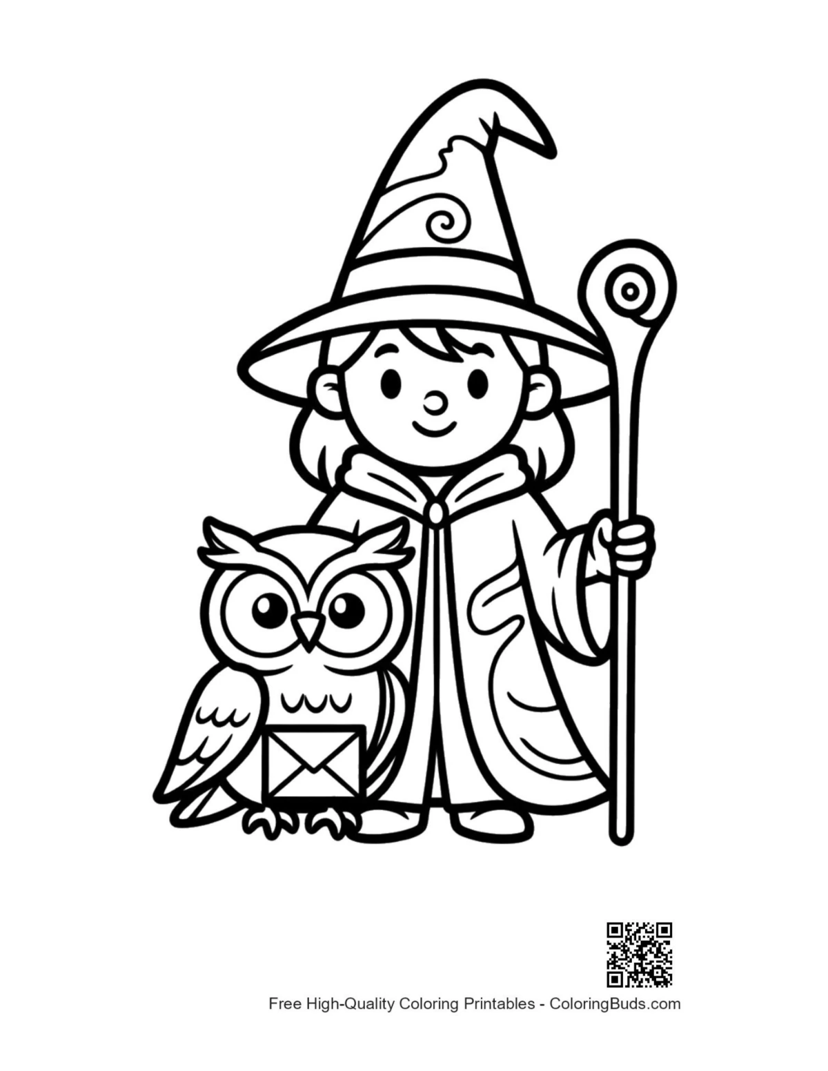 Cute wizard girl with staff and pet owl coloring page