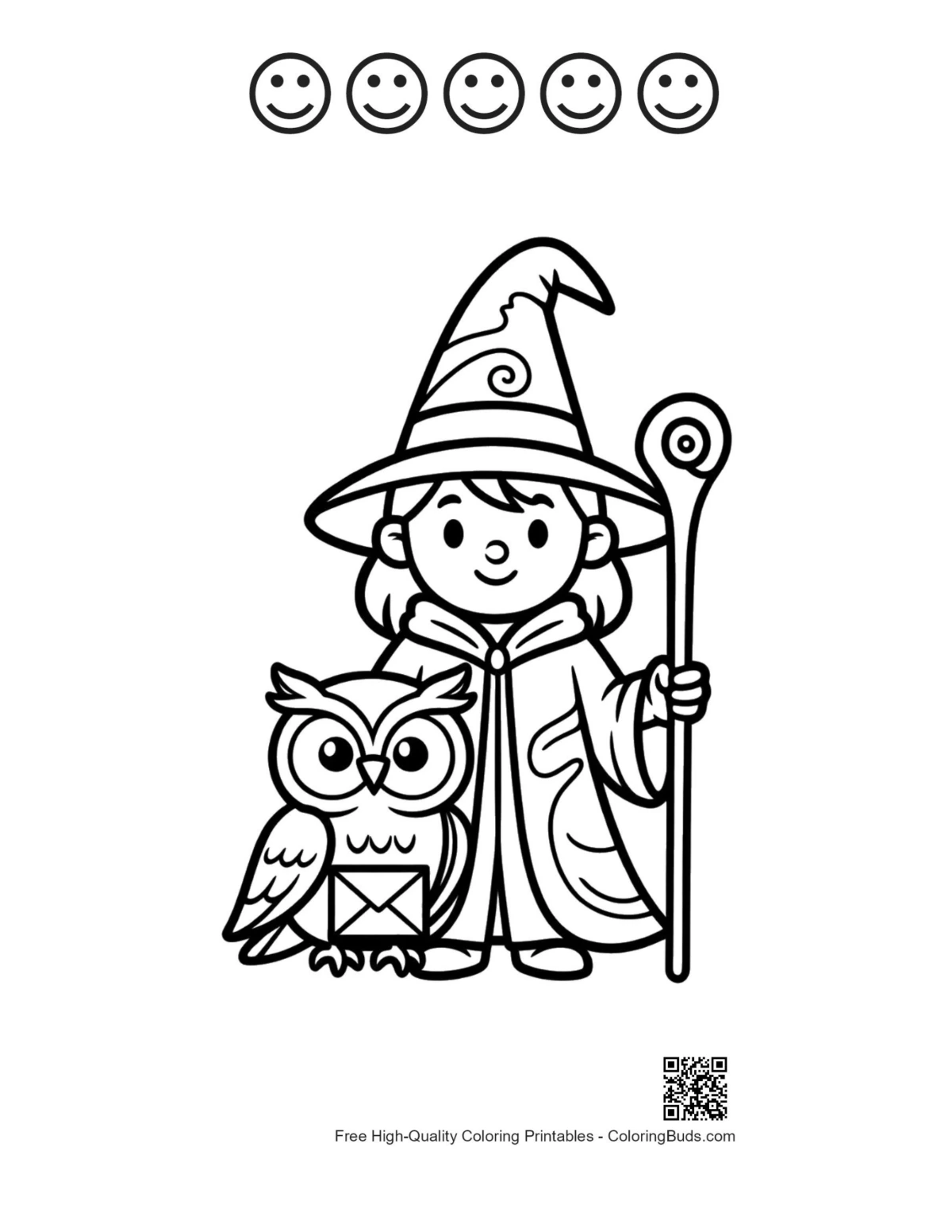 Wizard girl with owl and 5 happy faces outline