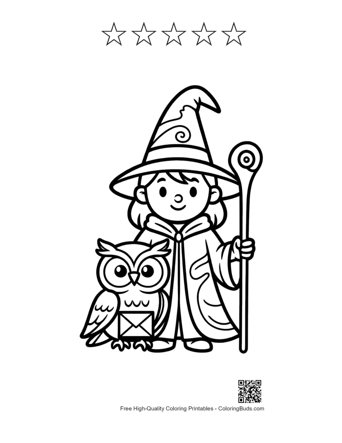 Cute wizard girl printable with 5 star outlines
