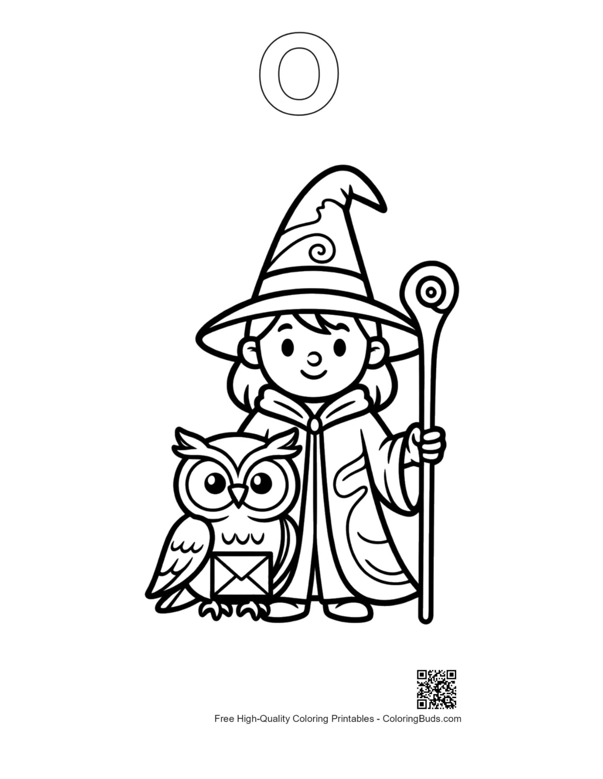 Wizard girl with owl and alphabet O outline printable