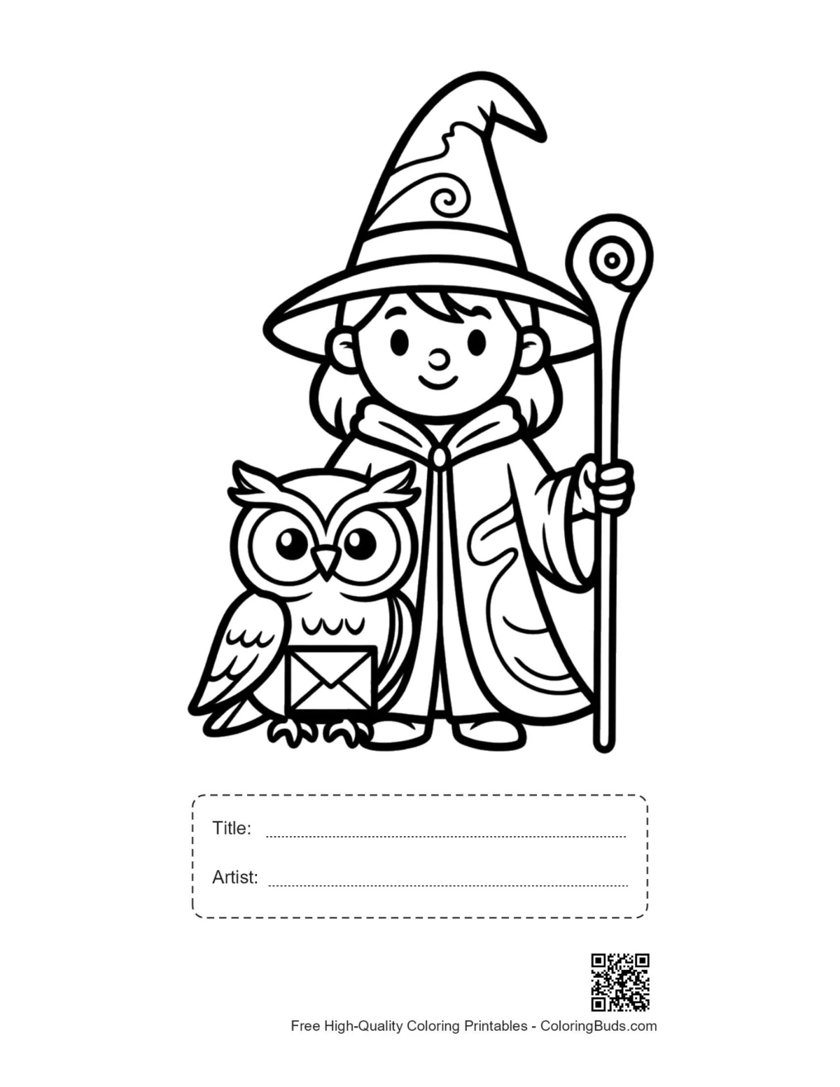 Cute wizard girl printable with title and artist box