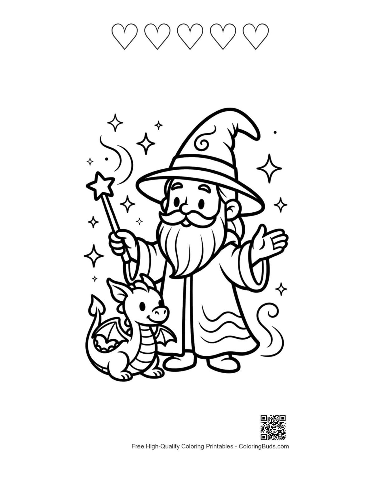 Magic Wizard printable with 5 heart outlines