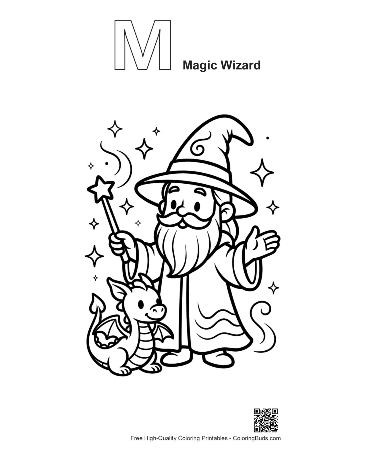 Alphabet M Magic Wizard outline coloring printable