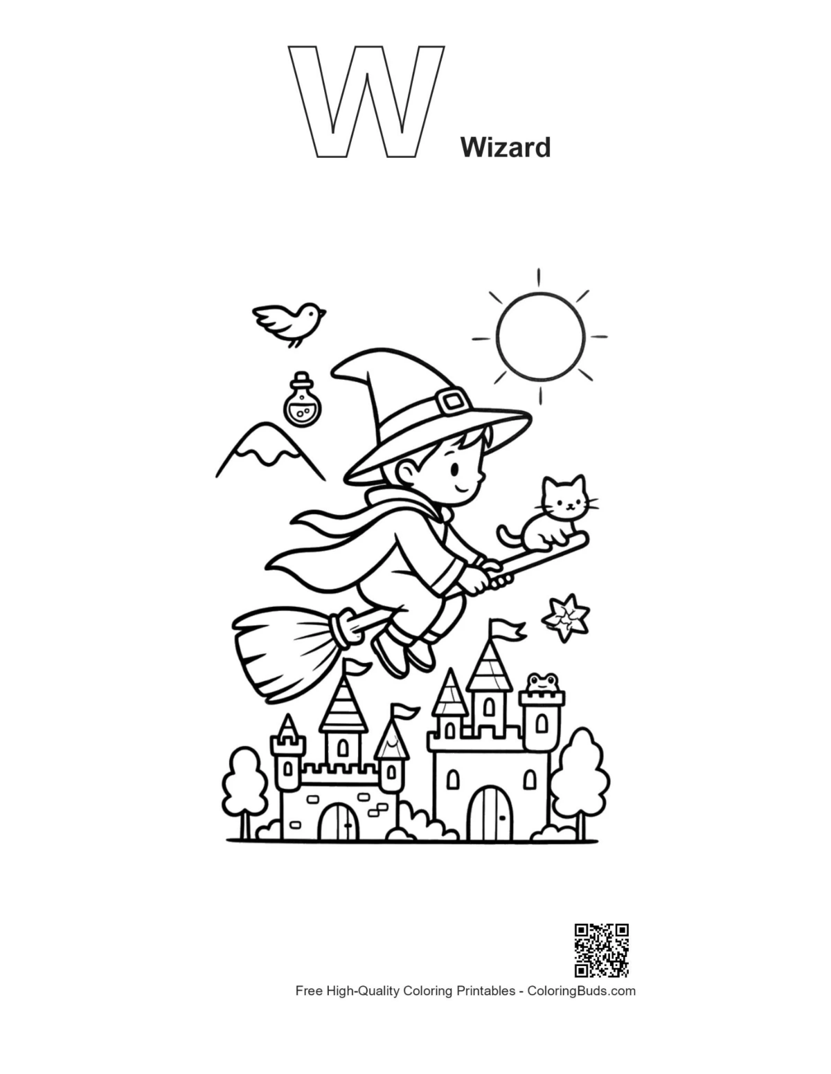 Magic wizard alphabet outline coloring printable