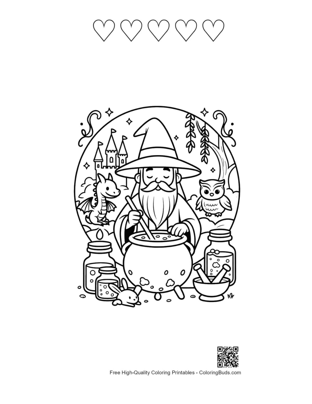 Magic wizard hearts printable outline