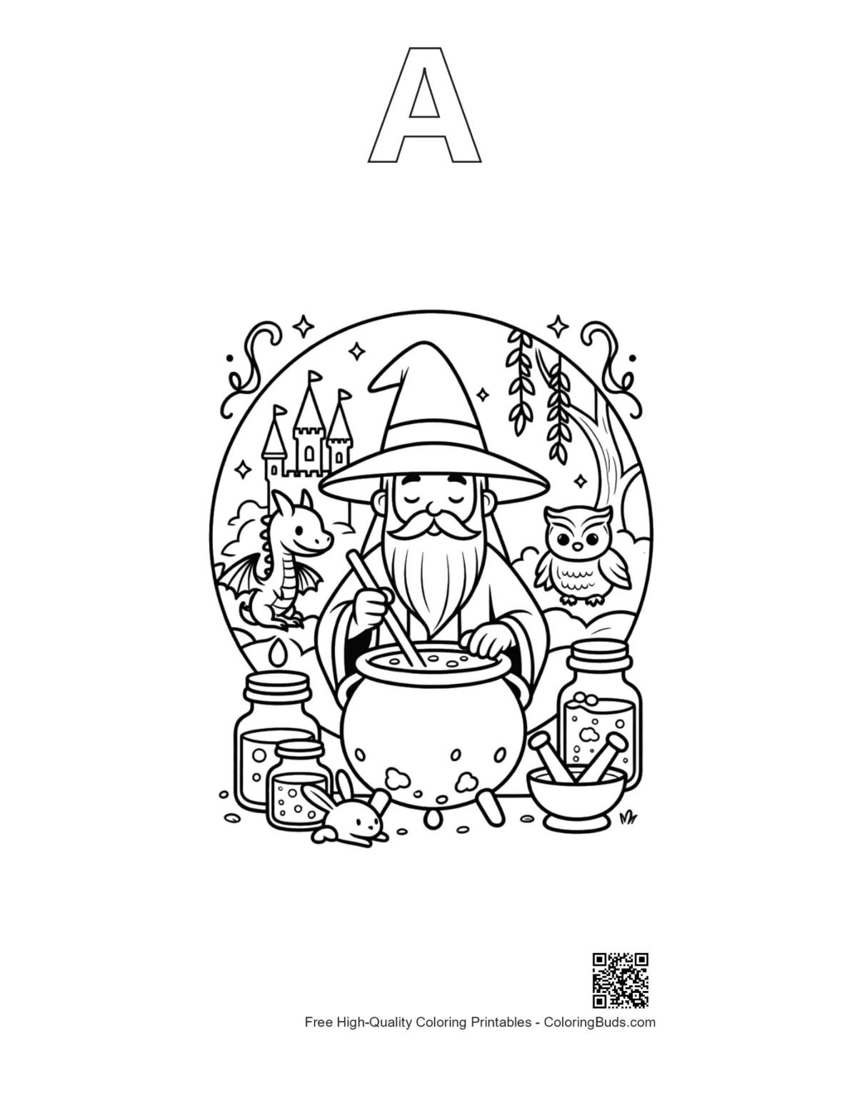 Magic wizard alphabet A printable outline