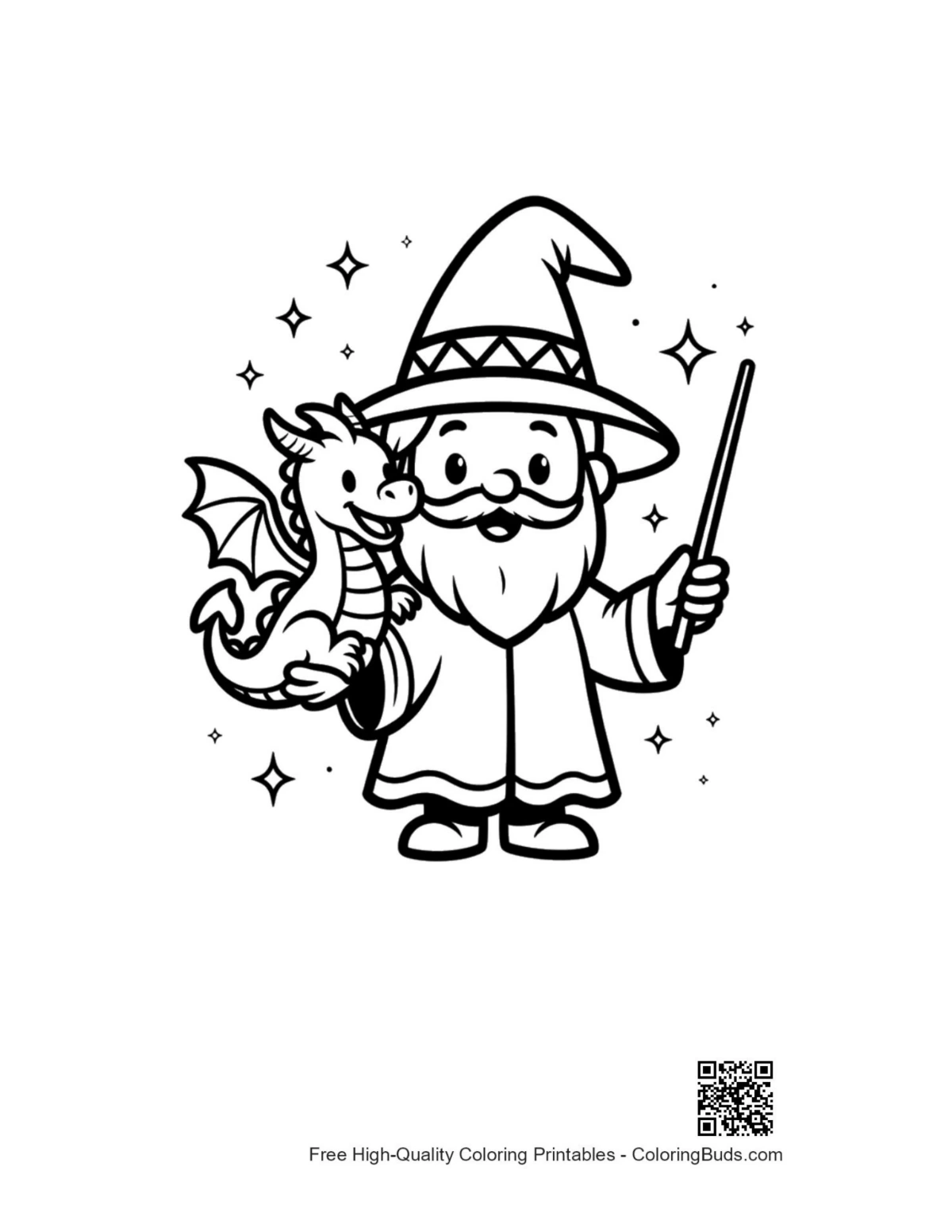 Friendly wizard waving magic wand with owl coloring printable