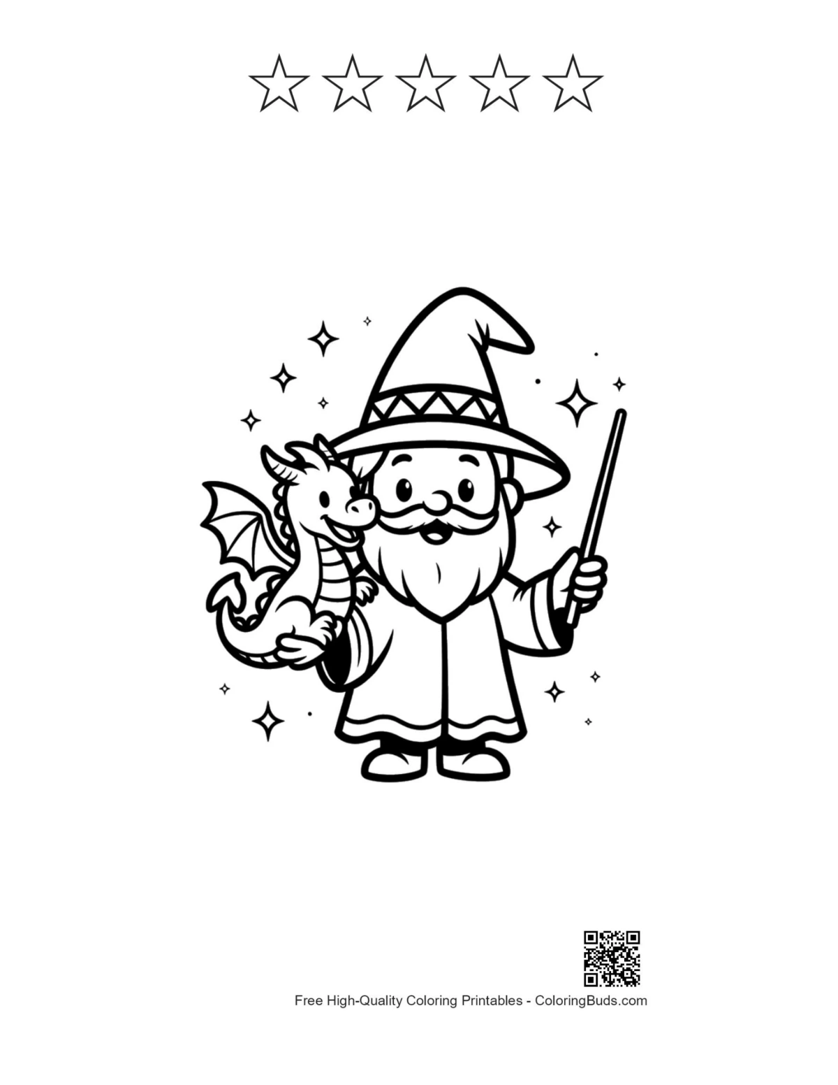 Friendly wizard owl coloring page with star outlines