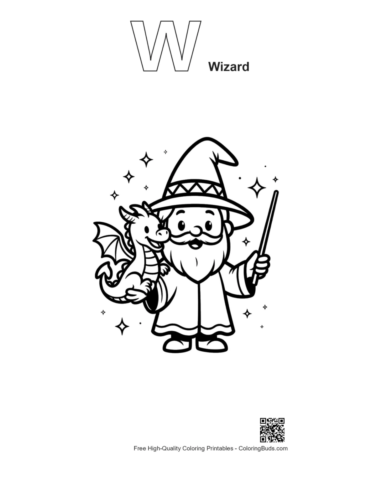 Wizard owl printable with alphabet outline for coloring