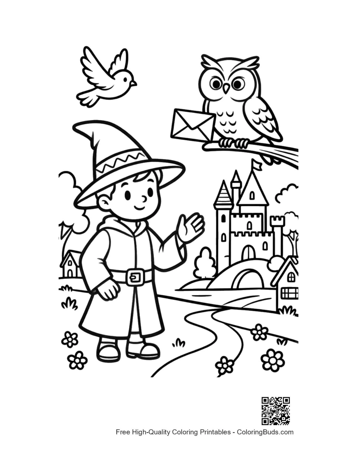 Little wizard boy waving to owl printable