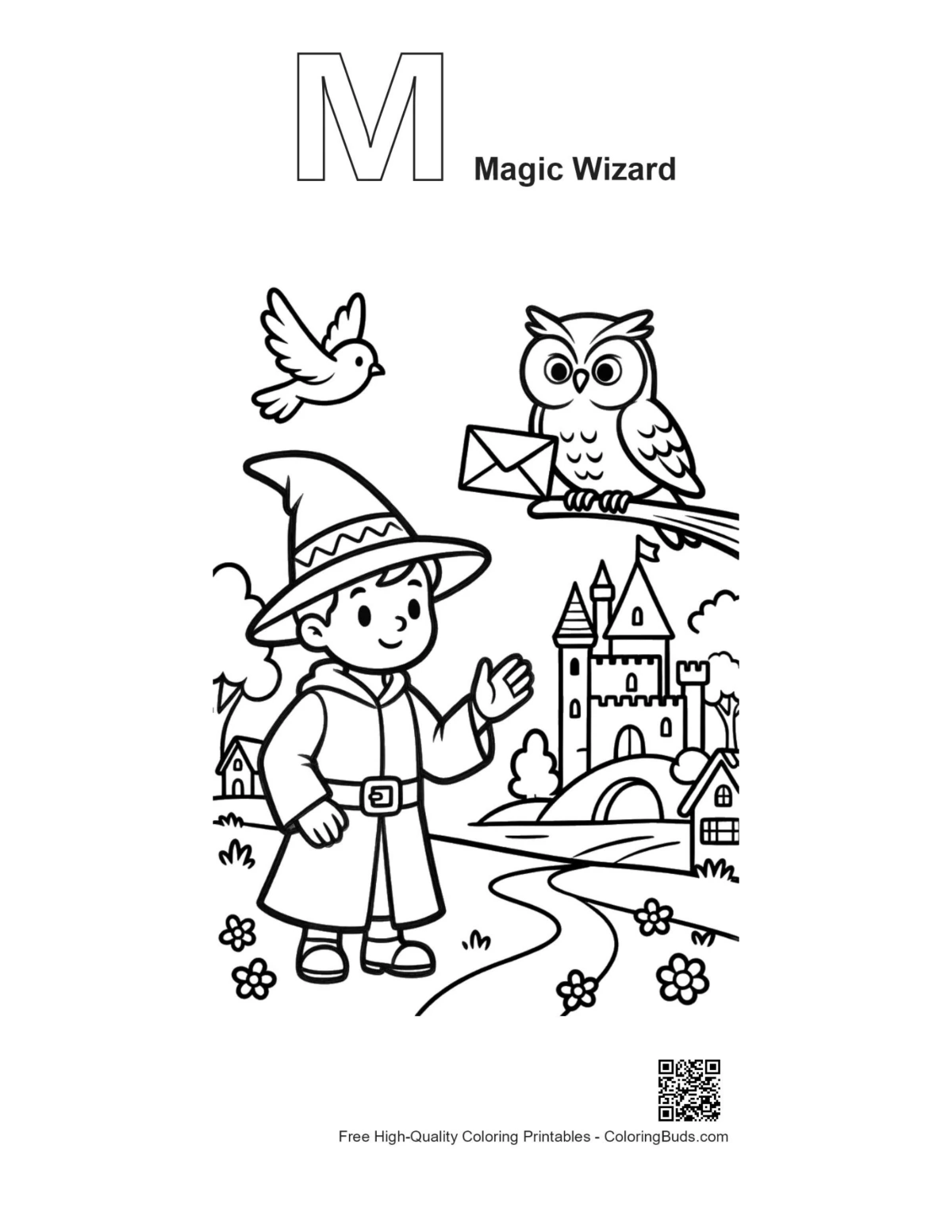 Wizard boy outline alphabet M printable