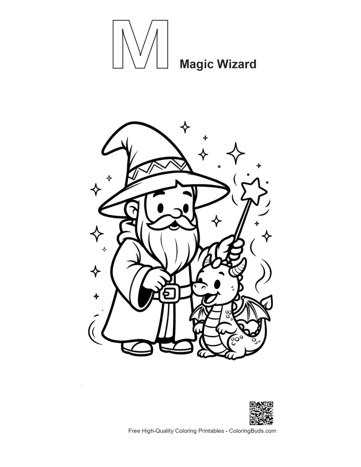 Alphabet M magic wizard outline coloring printable