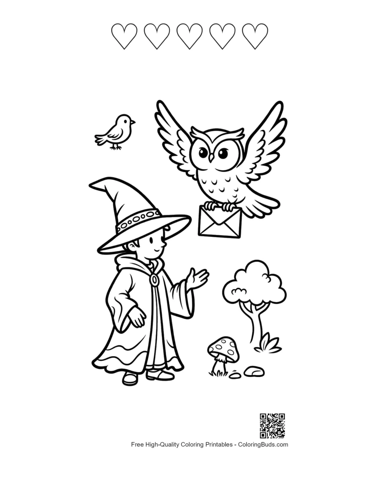 Magic Wizard printable with 5 hearts outline