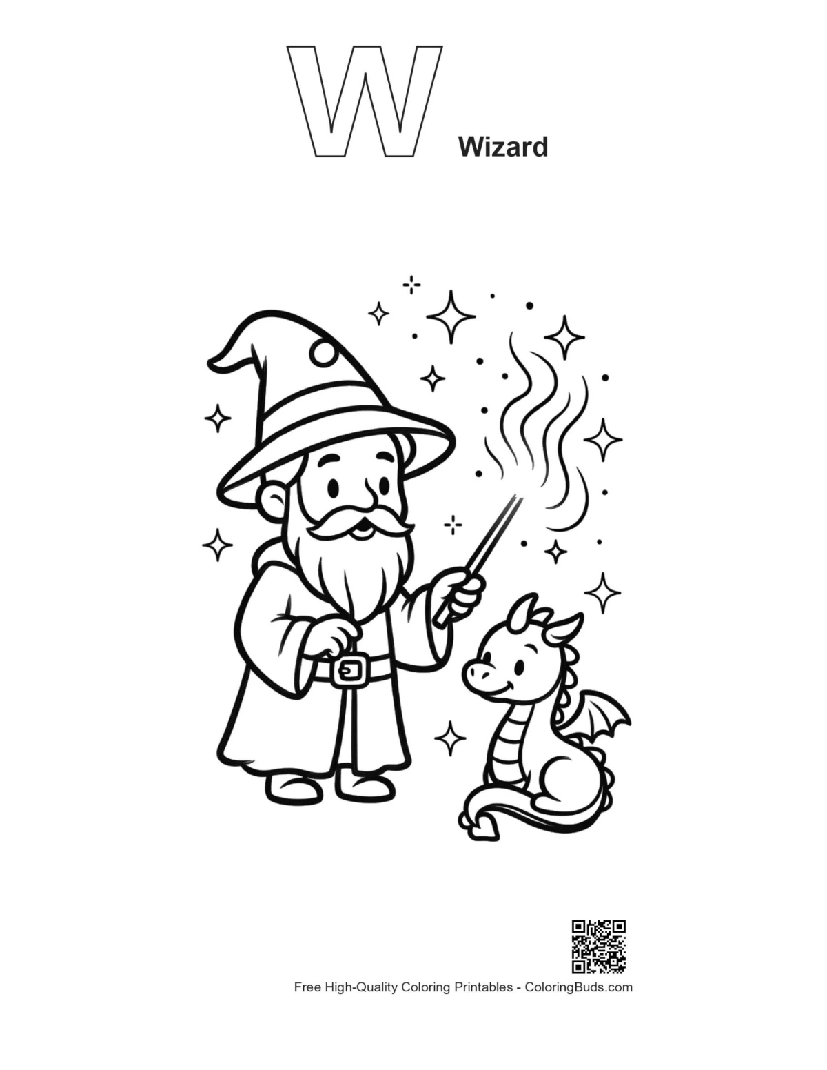 Magic wizard alphabet outline printable with wizard