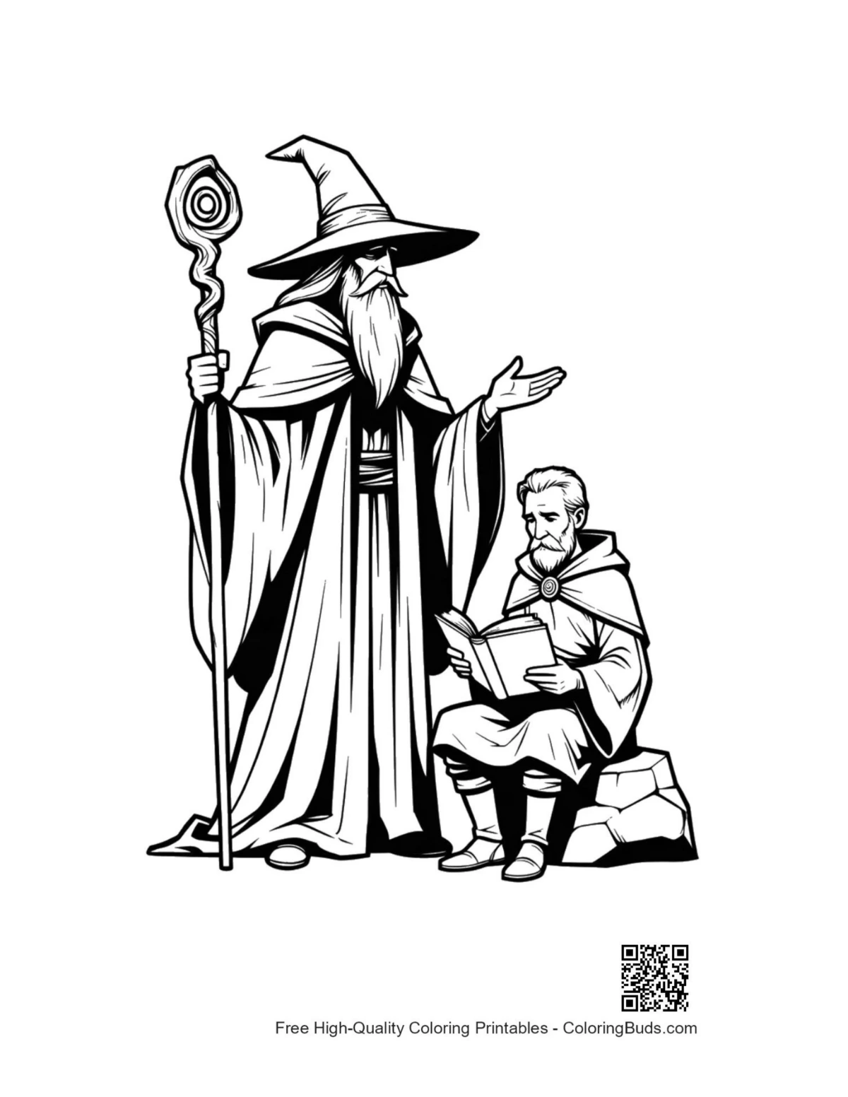 Magic wizard teaching apprentice coloring page