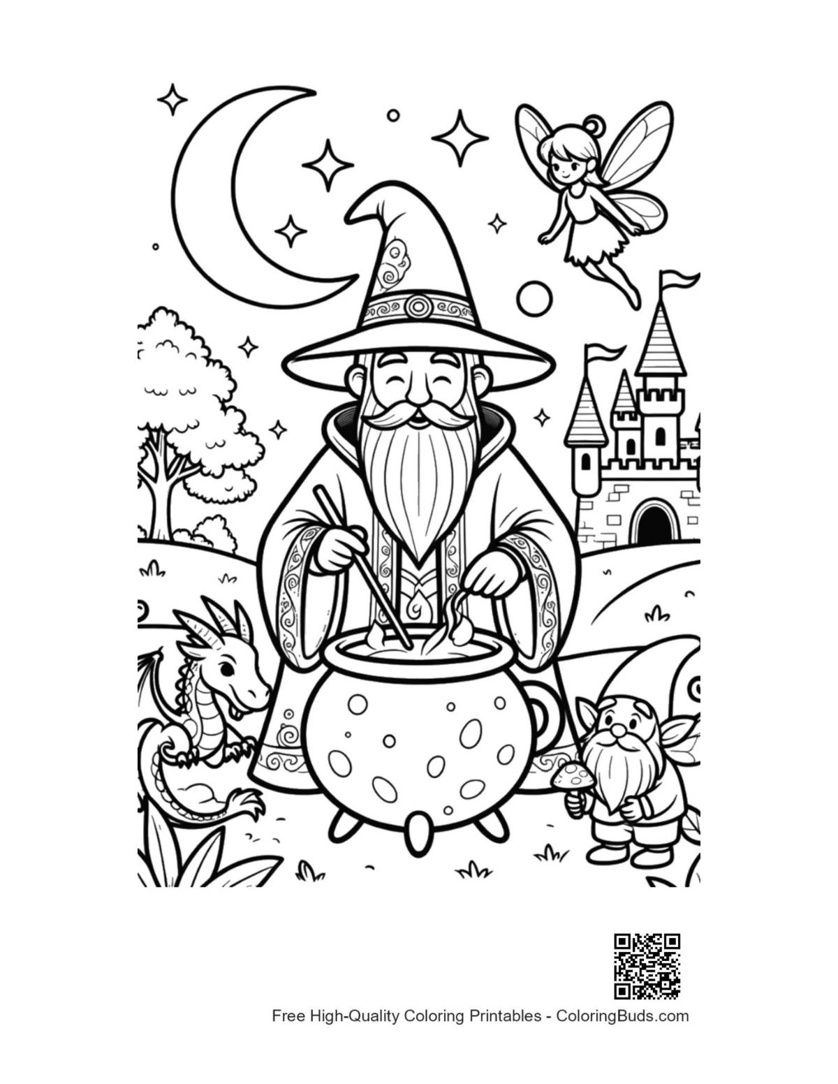 Magical sorcerer mixing secret potion garden coloring page