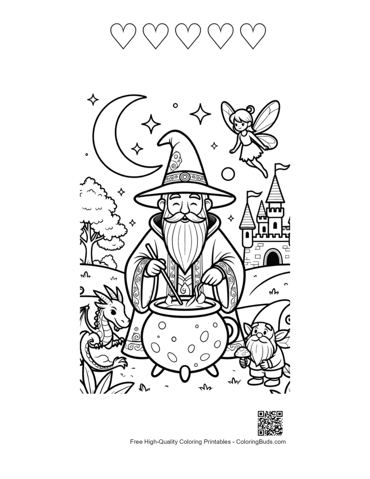 Magical sorcerer printable with 5 heart outlines