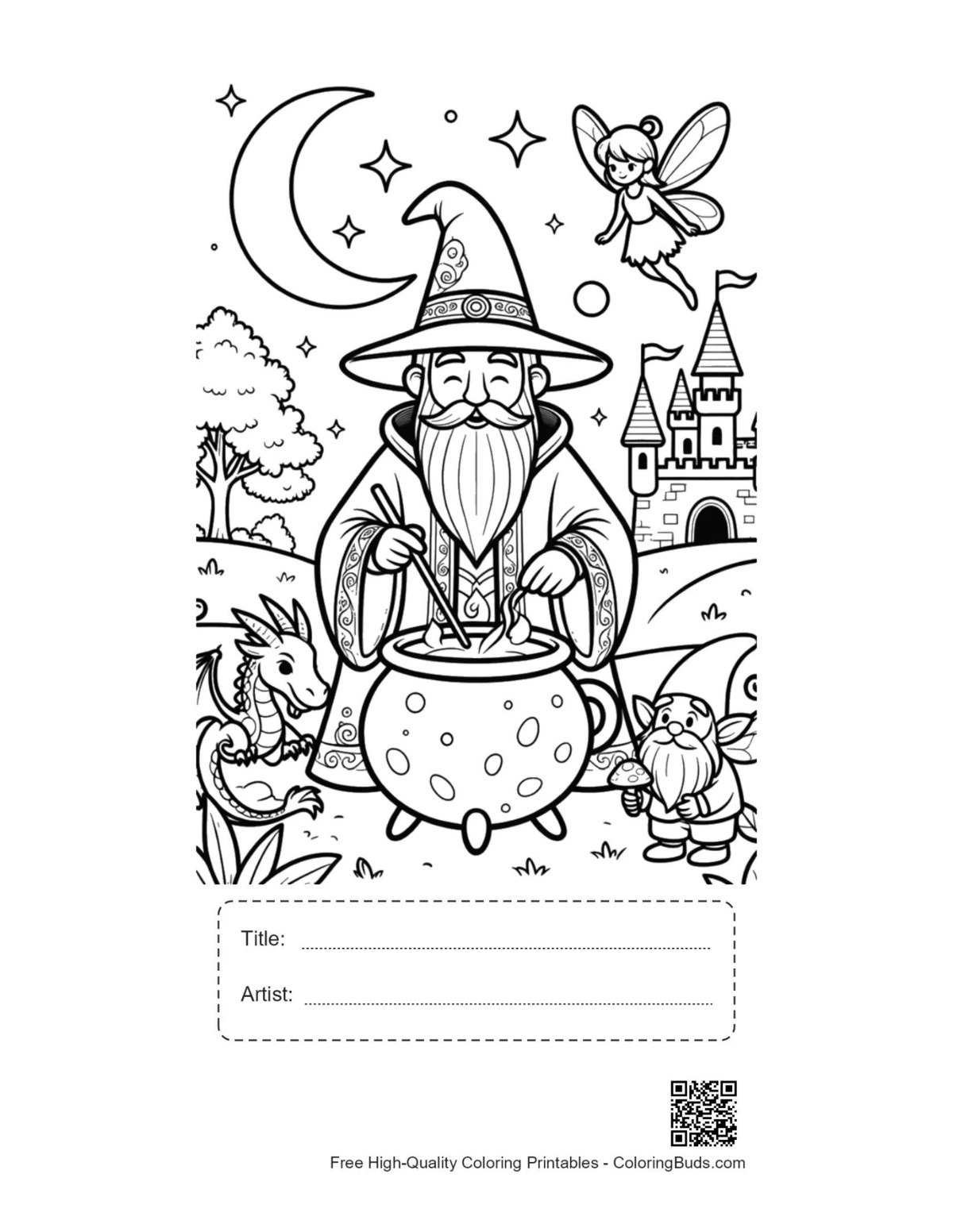 Printable sorcerer potion page with title artist box