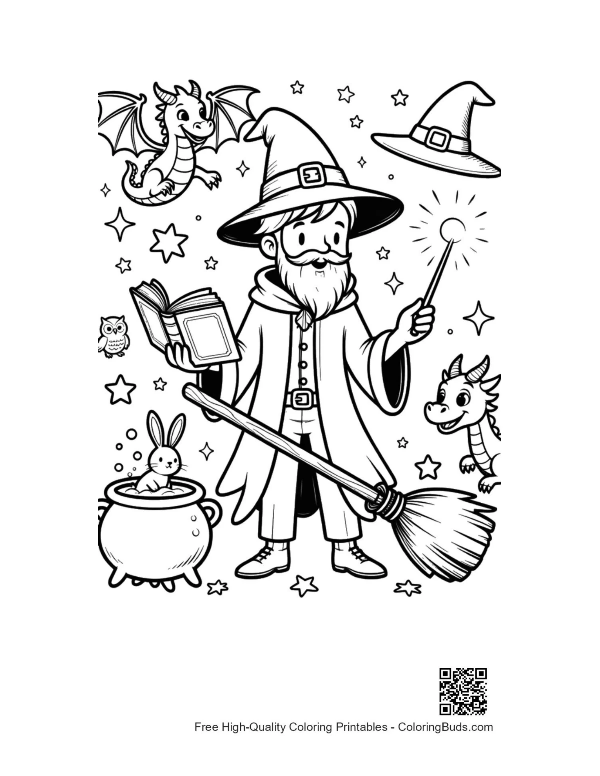 Master sorcerer casting spell from magical book printable