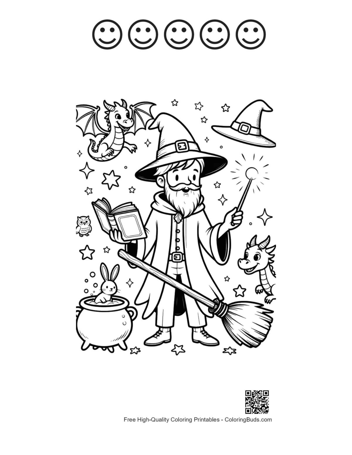 Sorcerer magic book printable with 5 happy faces