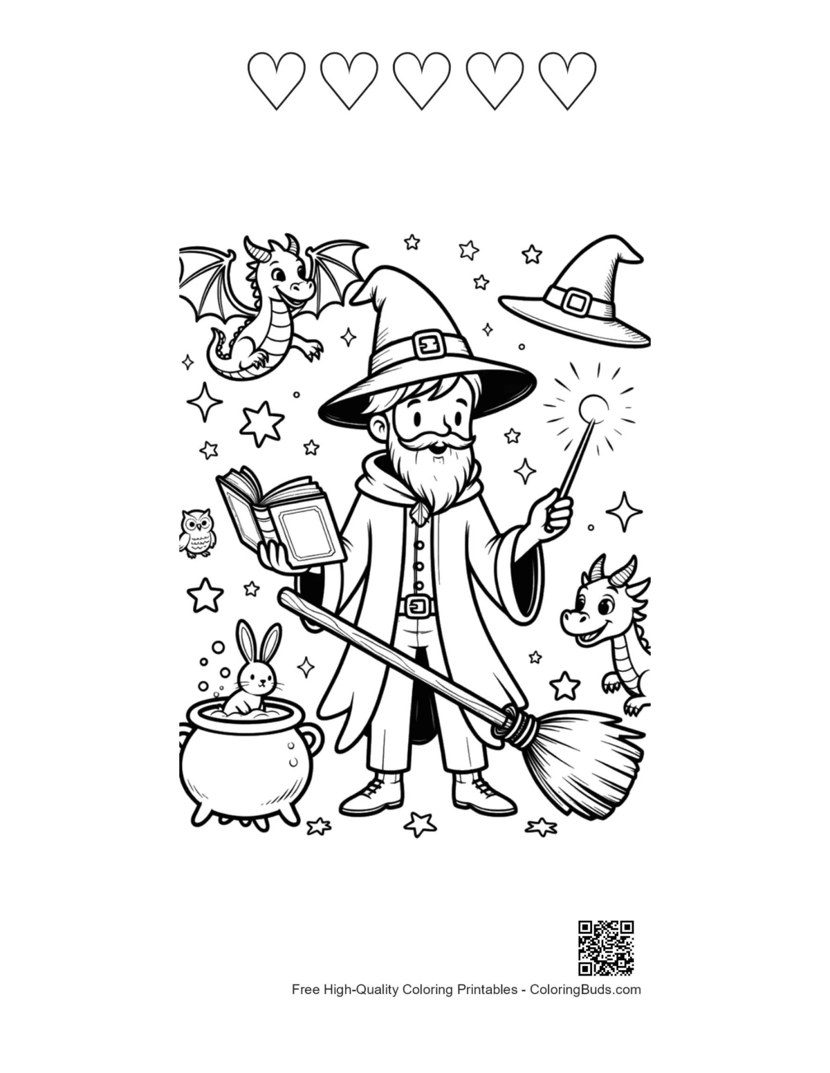 Sorcerer casting spell printable 5 heart outlines