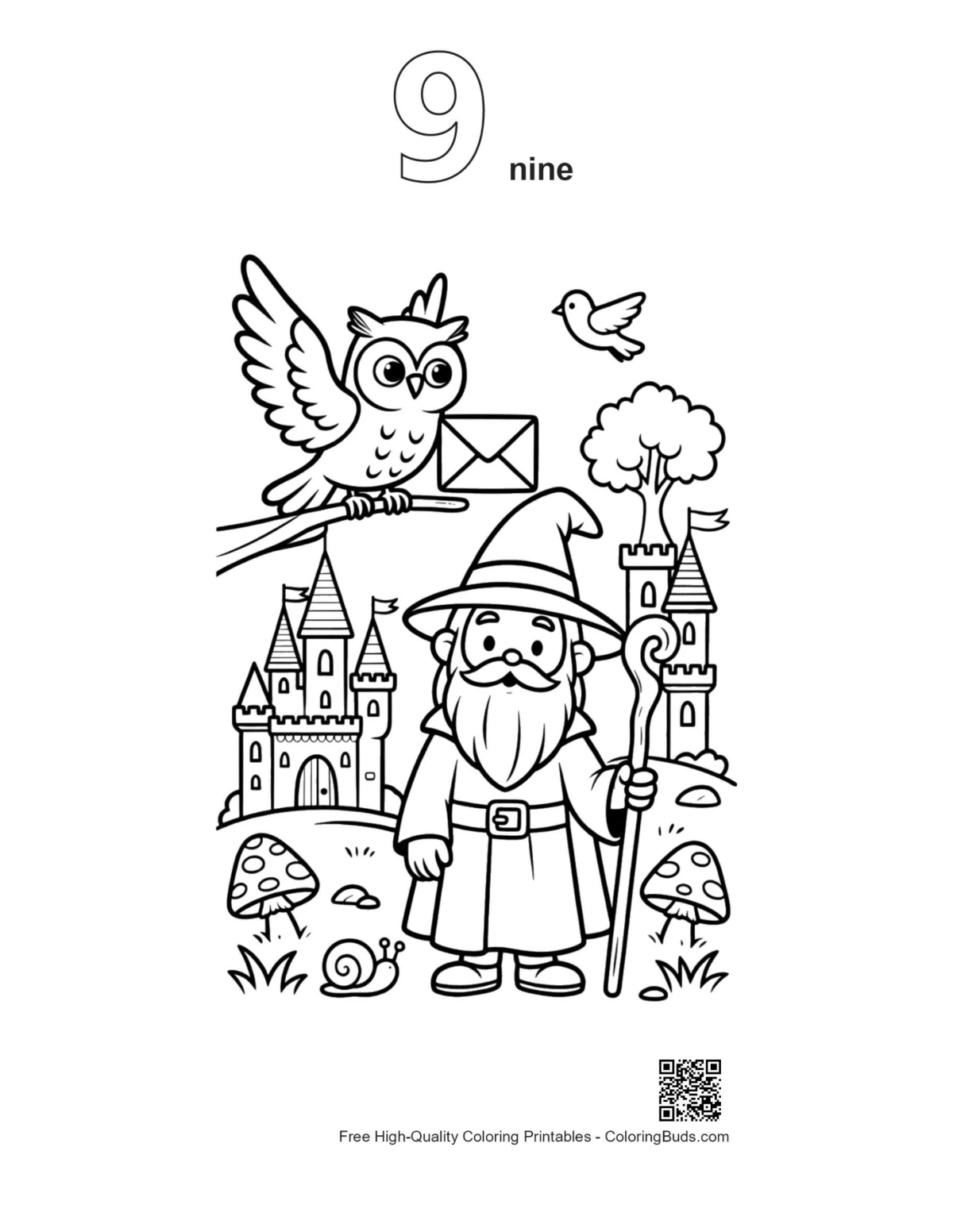 Wizard owl fortress outline number 9 coloring printable