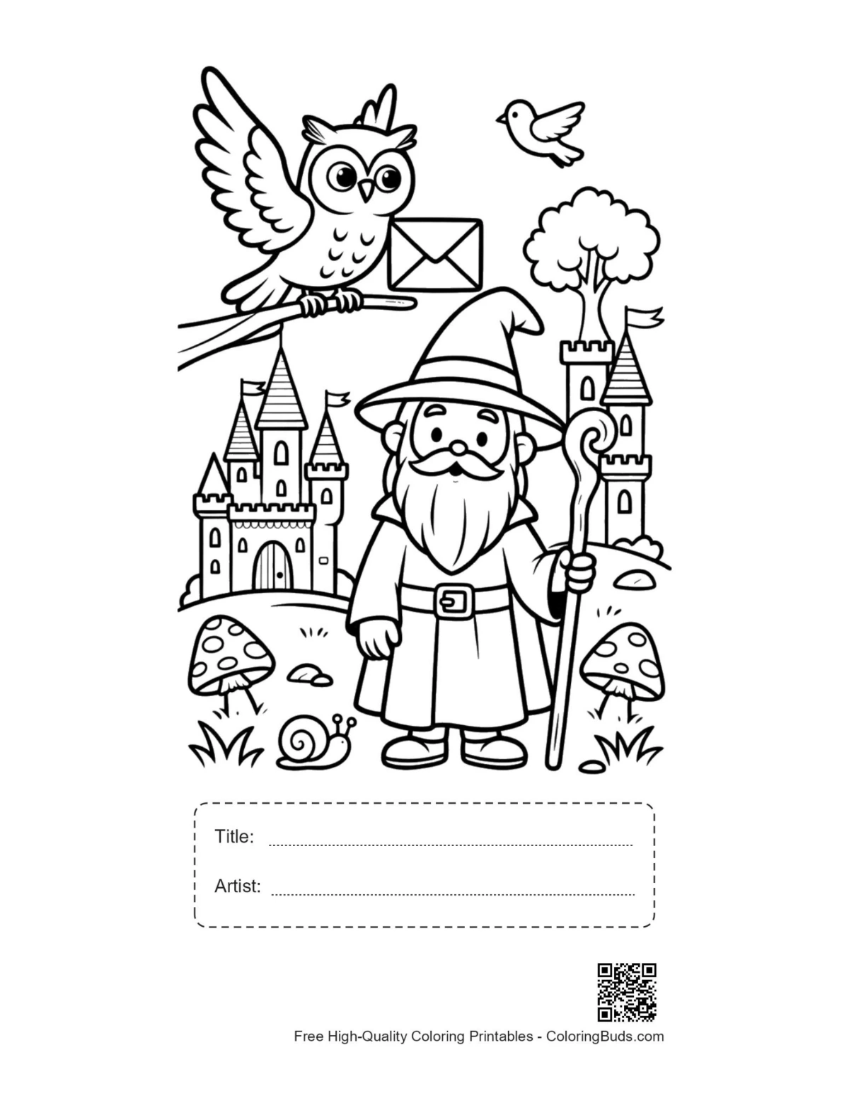 Wizard owl fortress printable with title artist box