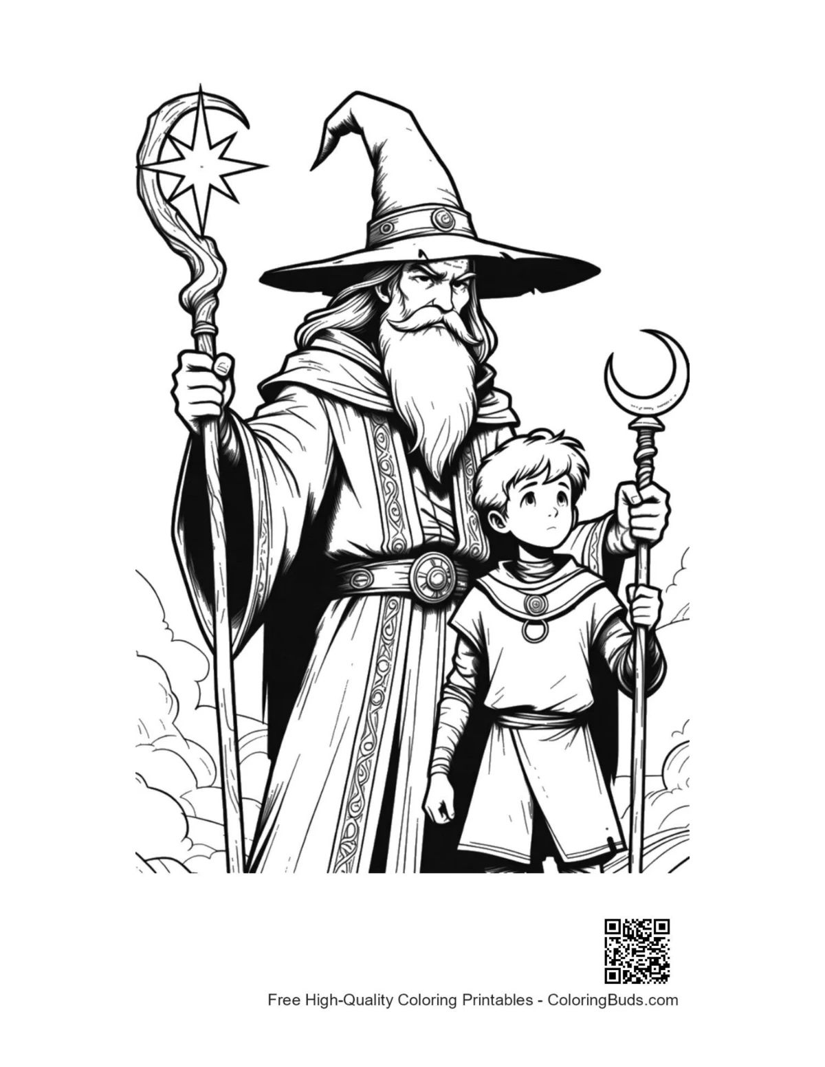 Mentor Wizard teaching Apprentice Boy coloring page