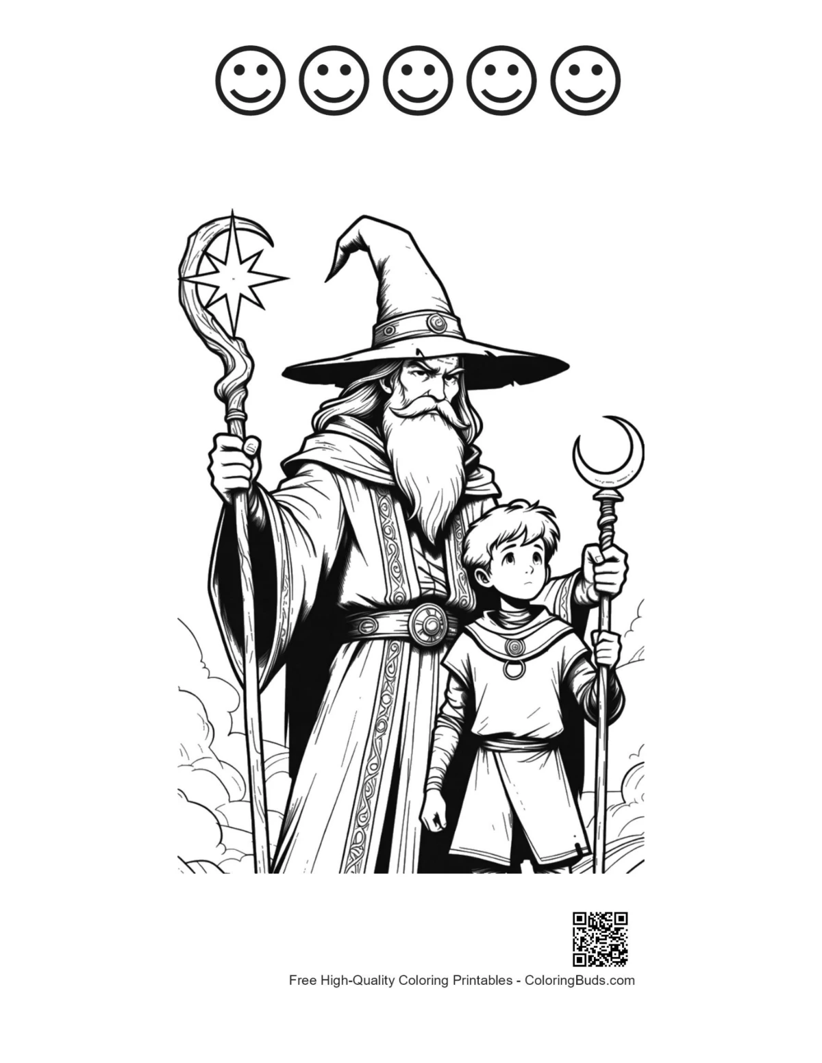 Printable with 5 happy faces and wizard