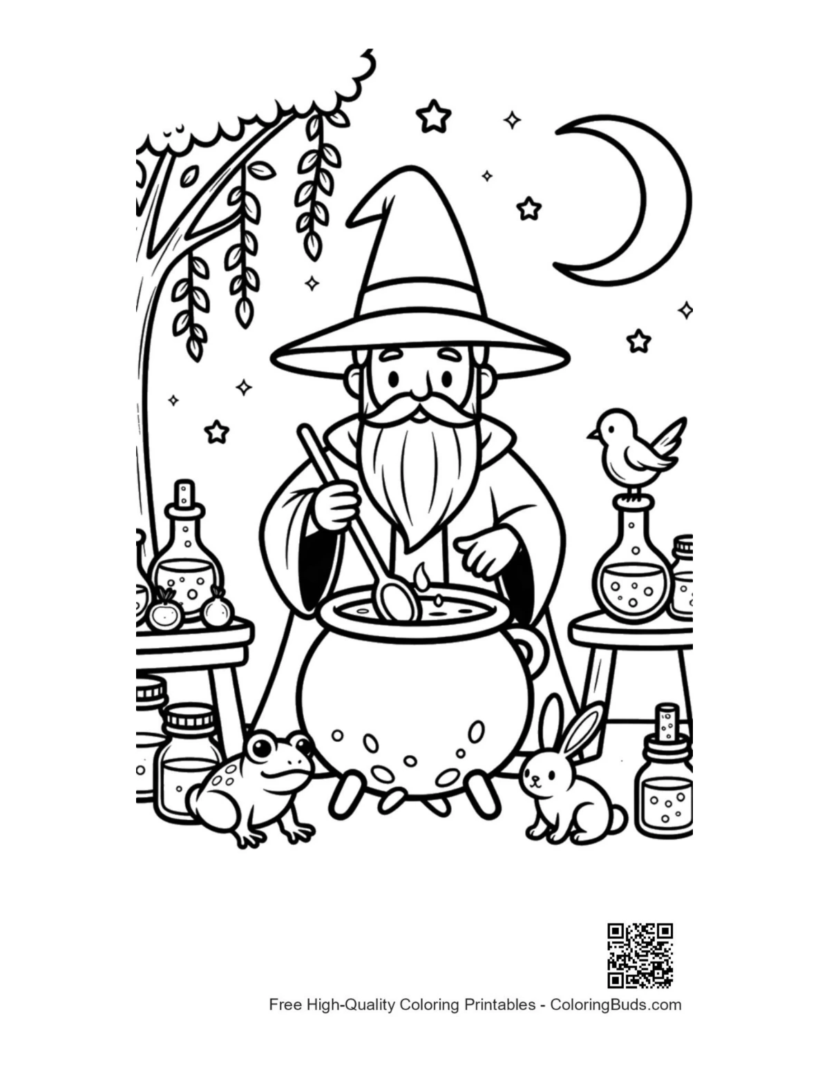 Old magic wizard brewing potions printable coloring page