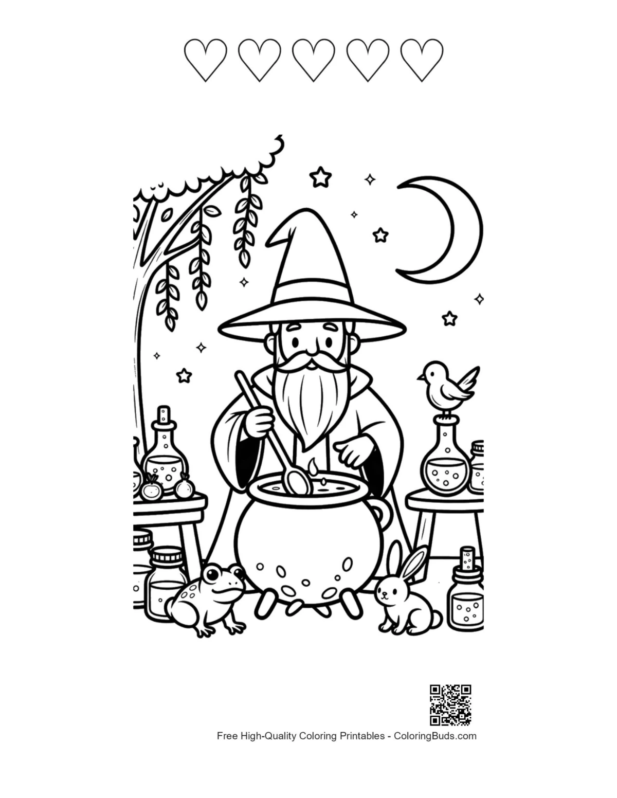 Wizard brewing potions with 5 heart outlines