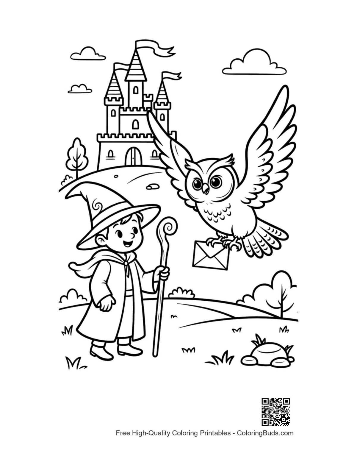 Wise wizard owl magical winter forest coloring printable