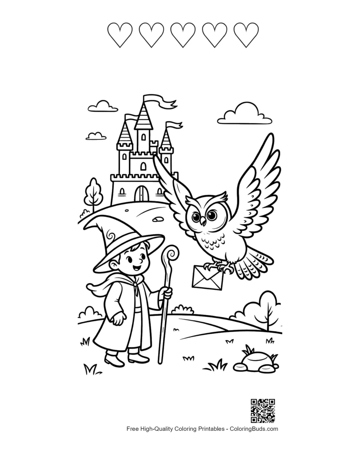 Wizard owl magical forest 5-heart outline printable